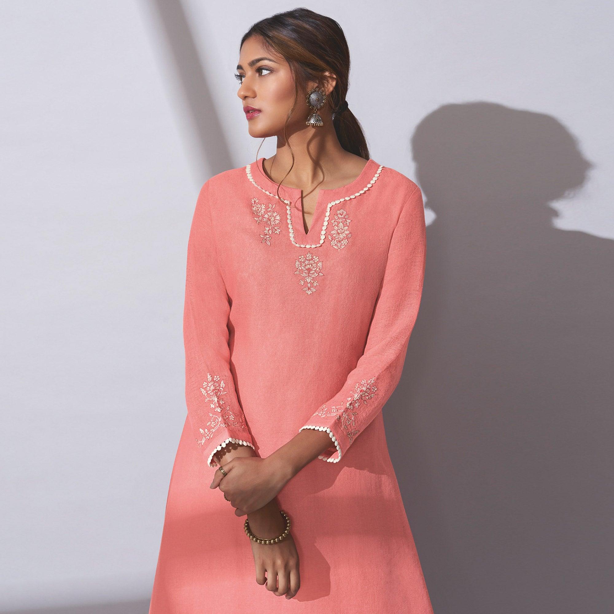 Peachmode Seller Charming Pink Colored Party Wear Embroidered Khadi Cotton Kurti-Palazzo Set - view 3