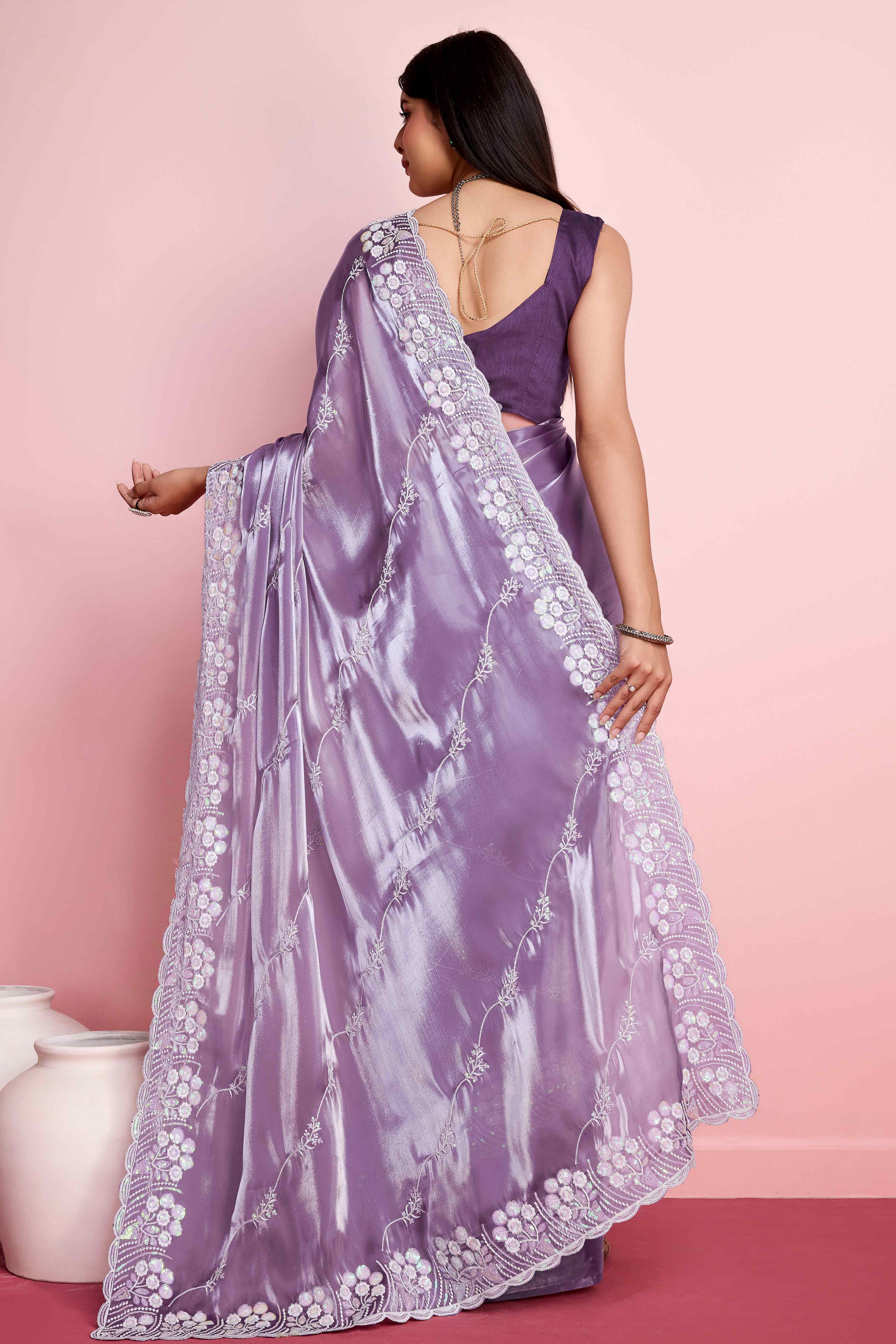 Peachmode Lavender Floral Sequins Embroidered Jimmy Choo Tissue Saree - view 4