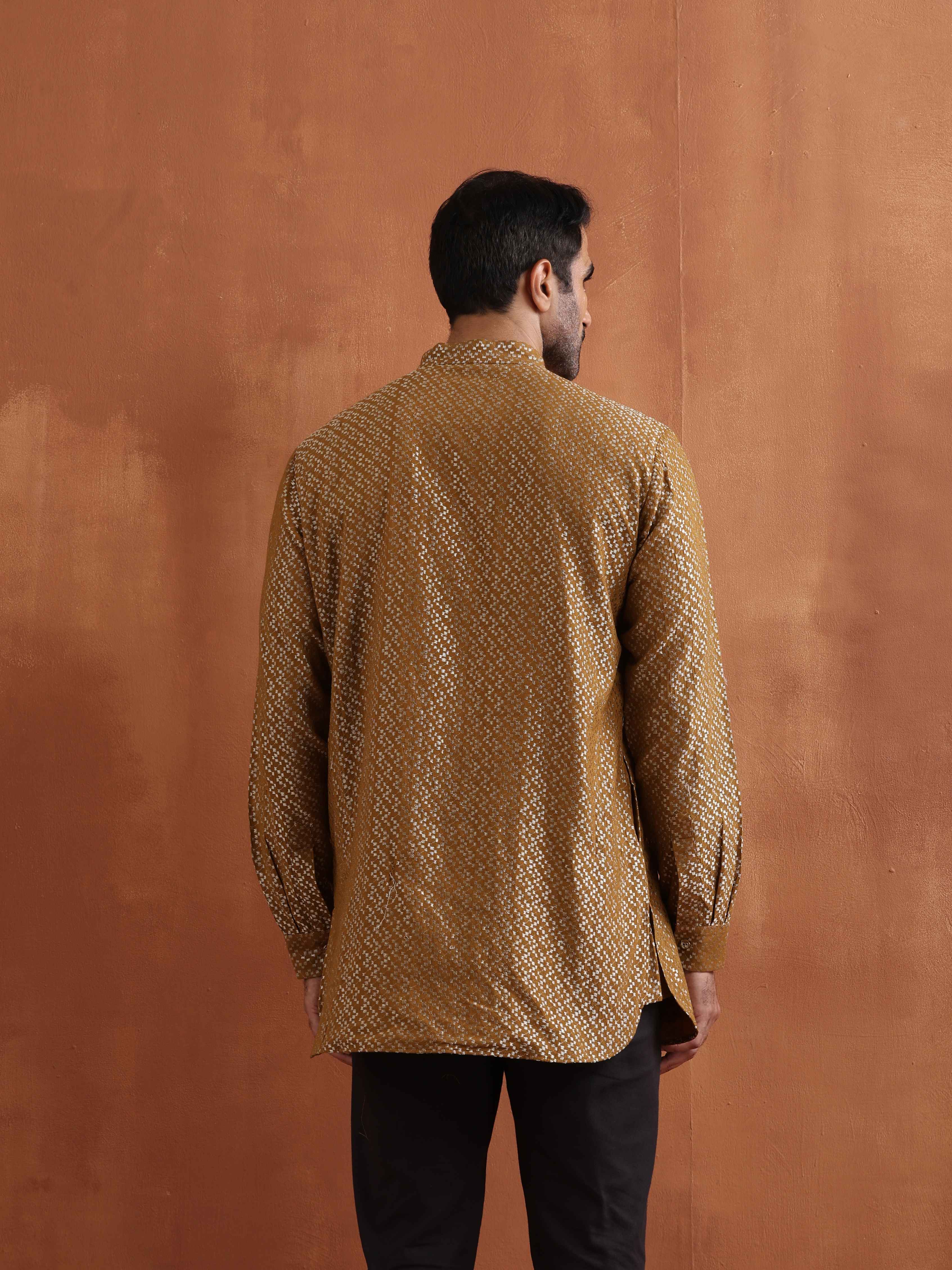 trueBrowns Men's Mustard Cotton Dobby Short Kurta - view 5