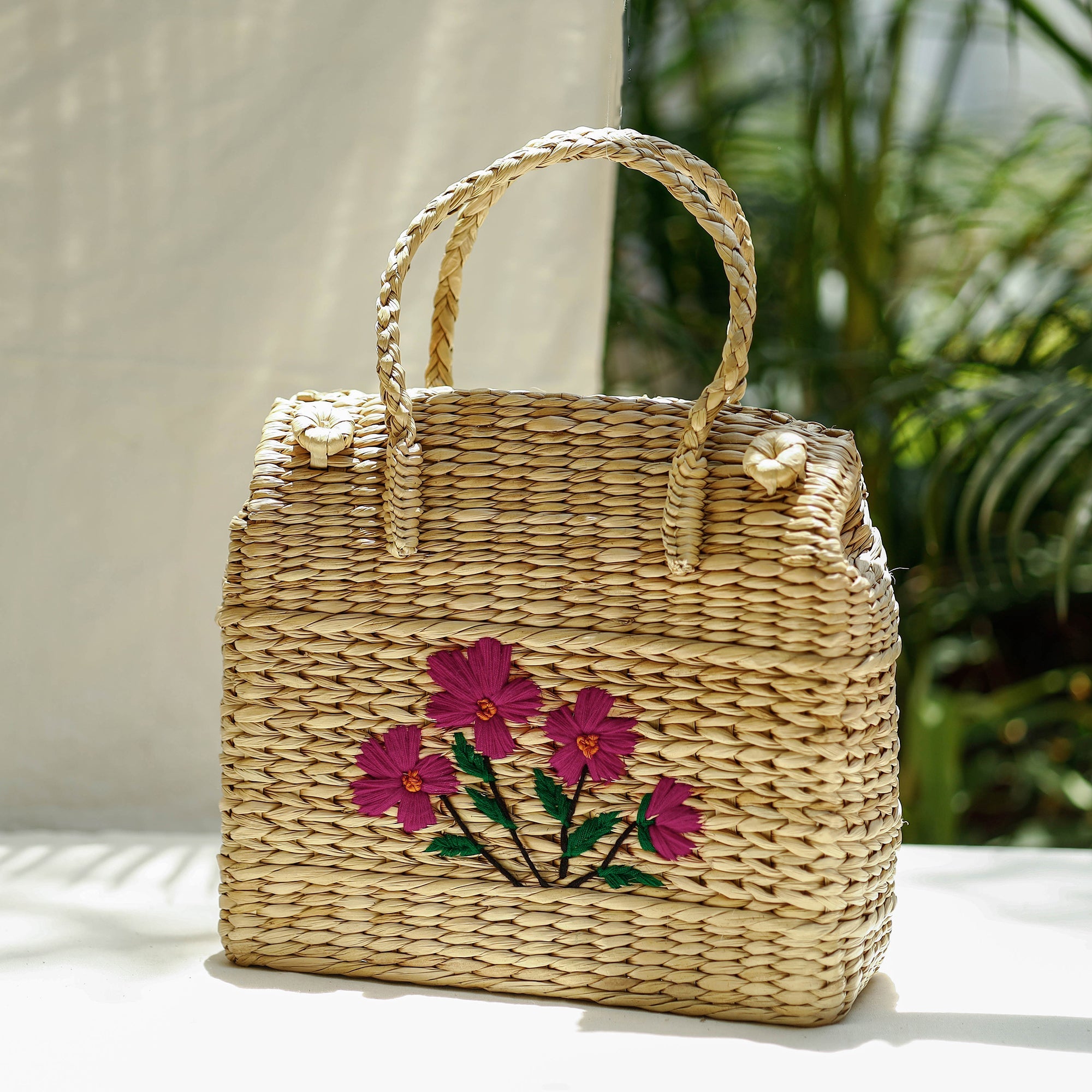 ITOKRI CRAFTS INITIATIVE Beige - Handcrafted Natural Water Reed Embroidered Shopping Bag
