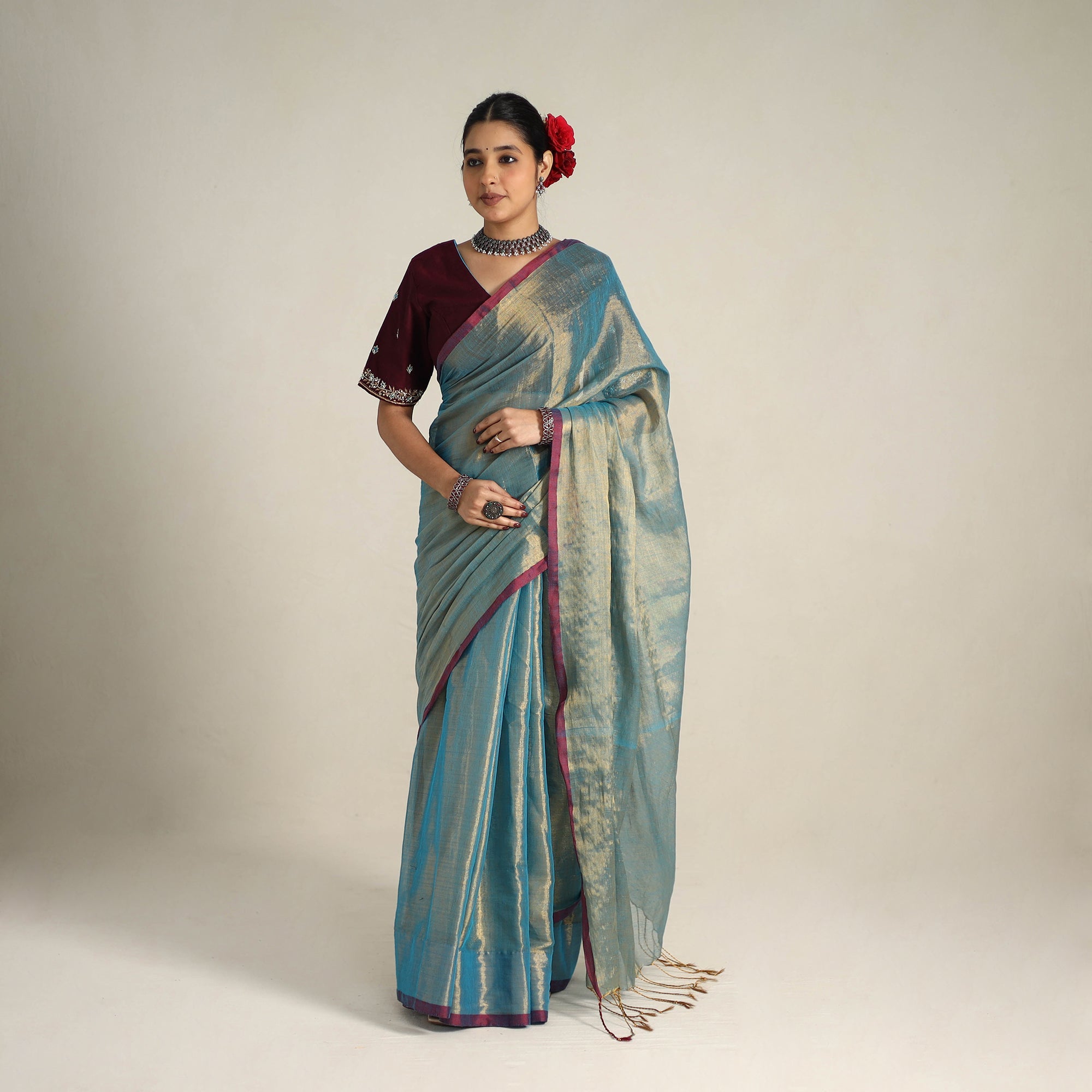 KHUSHBASH - HAPPY LOOM OF EAST Blue - Fine Tissue Zari Bengal Saree with Embroidered Blouse 01