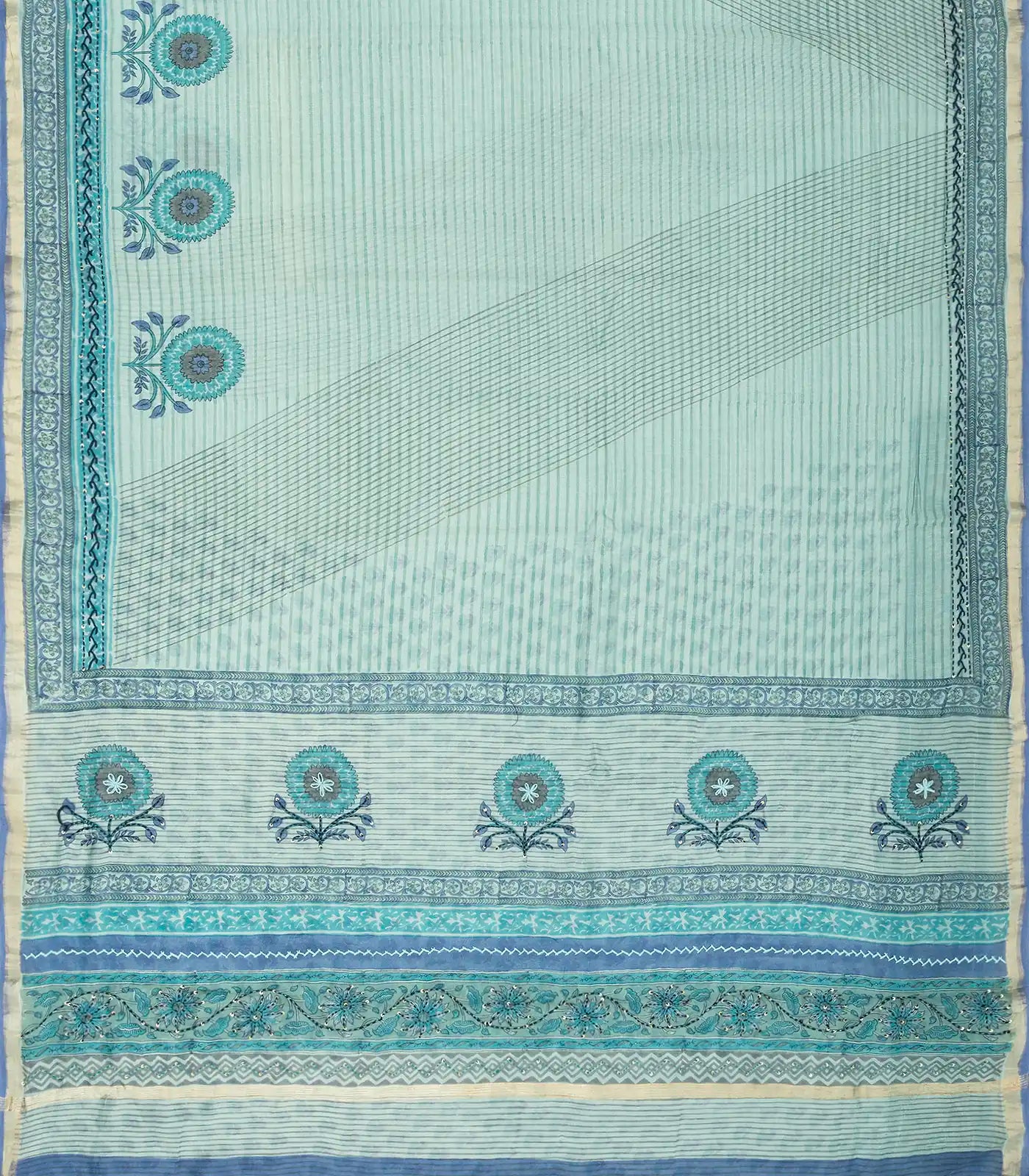 RmKV Turquoise Chanderi Cotton Saree Printed With Stripes & Floral Motifs - view 2