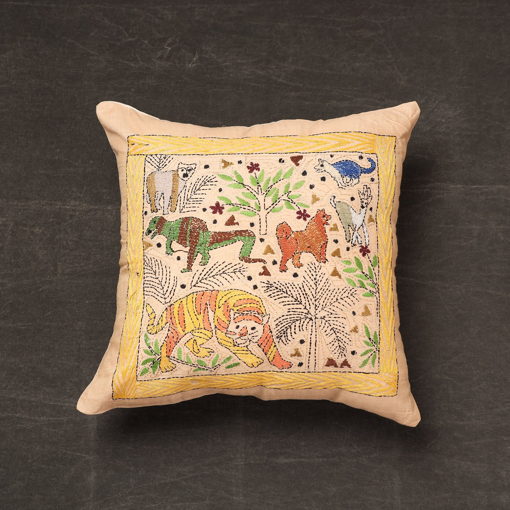 KHUSHBASH - HAPPY LOOM OF EAST Beige - Bengal Kantha Embroidery Silk Cushion Cover (14 x 13 in) 20