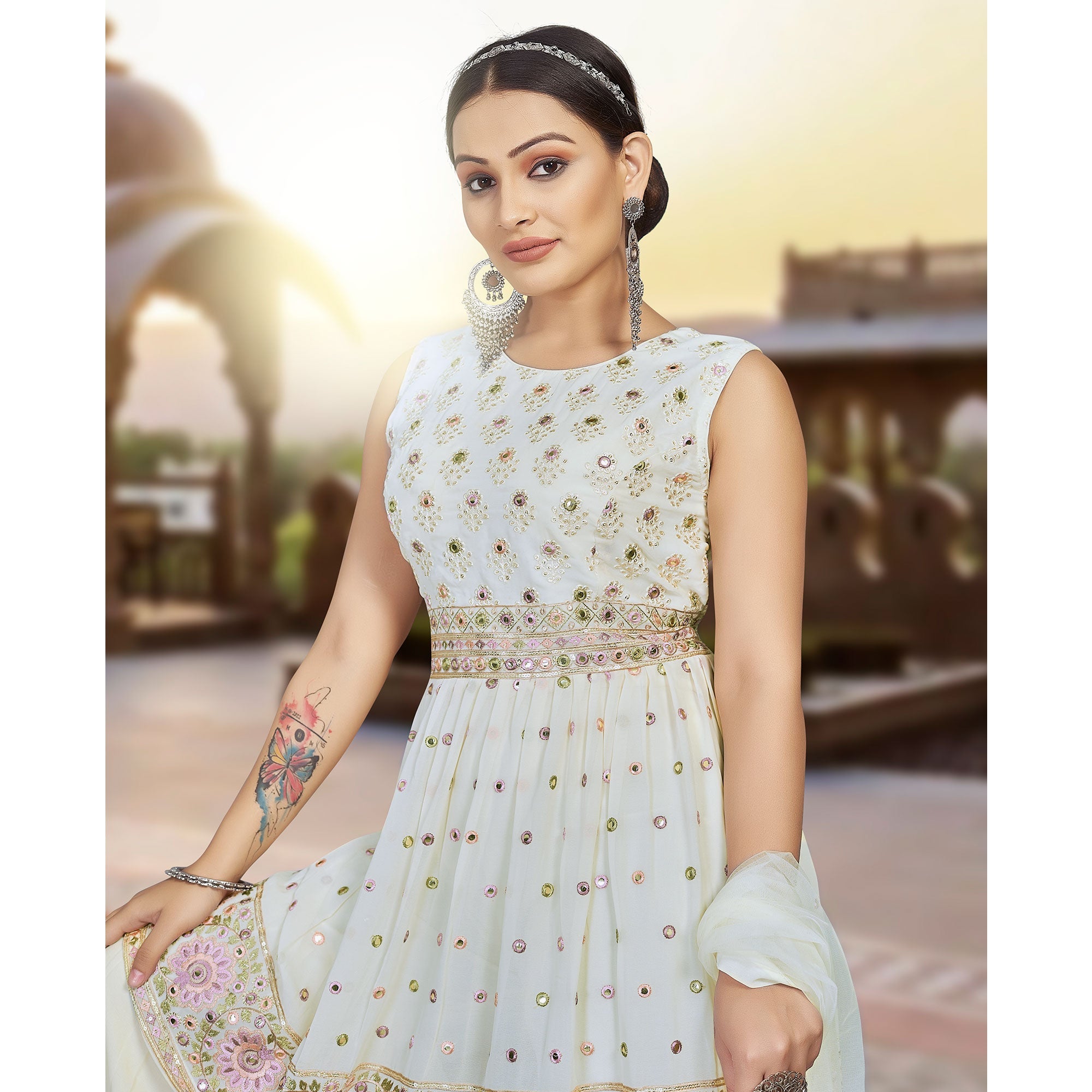 Peachmode Seller Cream Floral Embroidered Georgette Sharara Suit - view 5