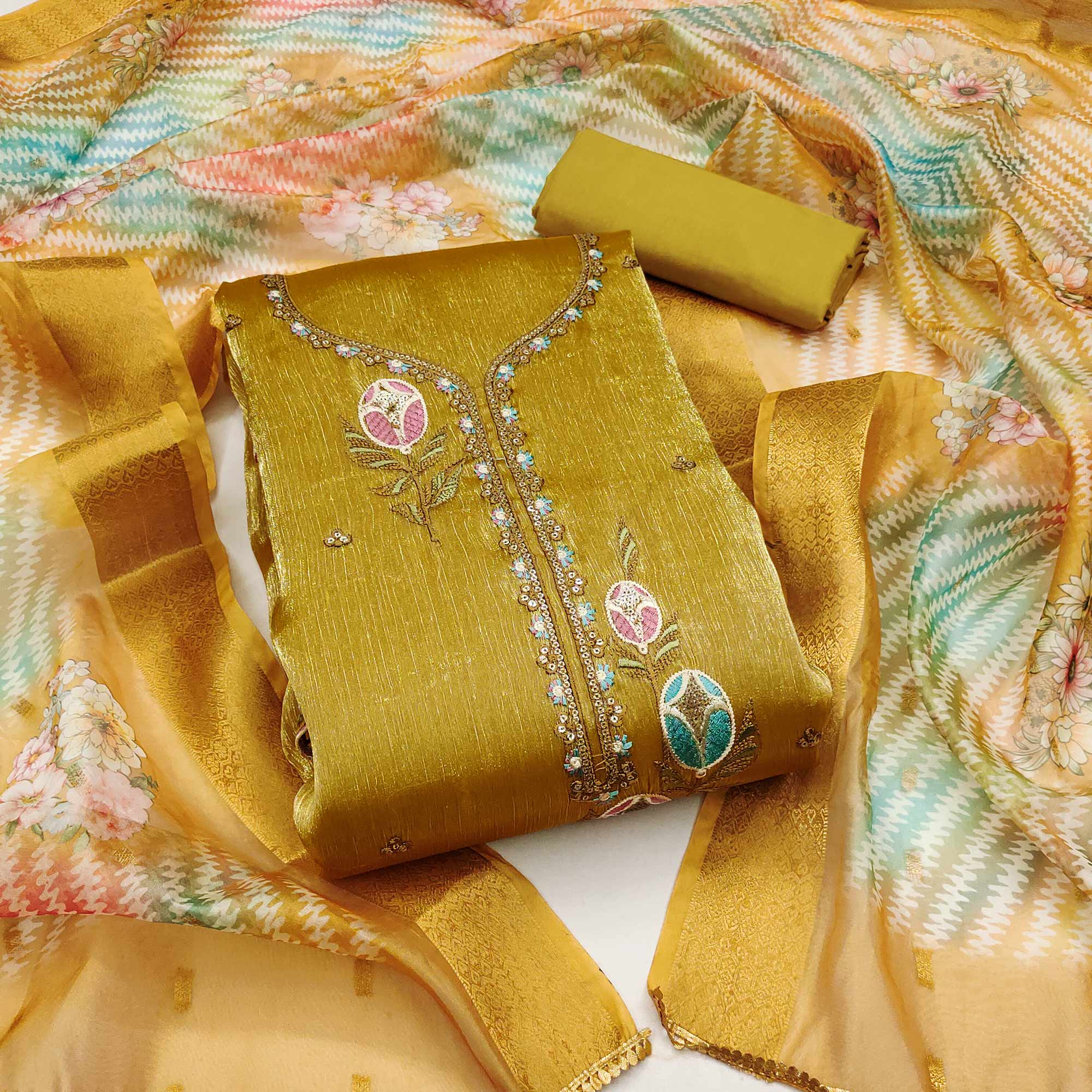 Peachmode Mehendi Green Floral Embroidered Organza Silk Dress Material