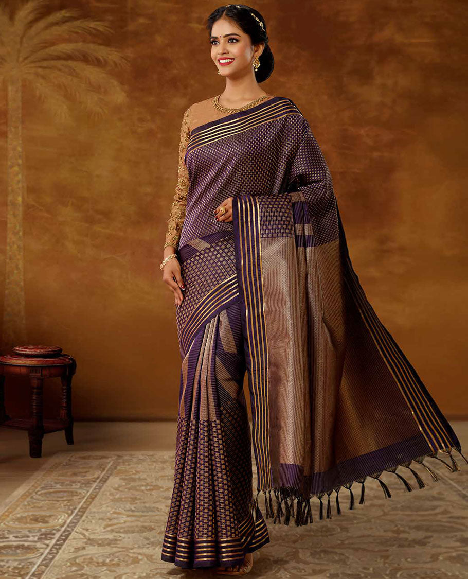 Vasundhara Lite-SilkÂ Mix Violet zari buttas vasundhara elite silk saree, zari striped border & pallu of intricate designs