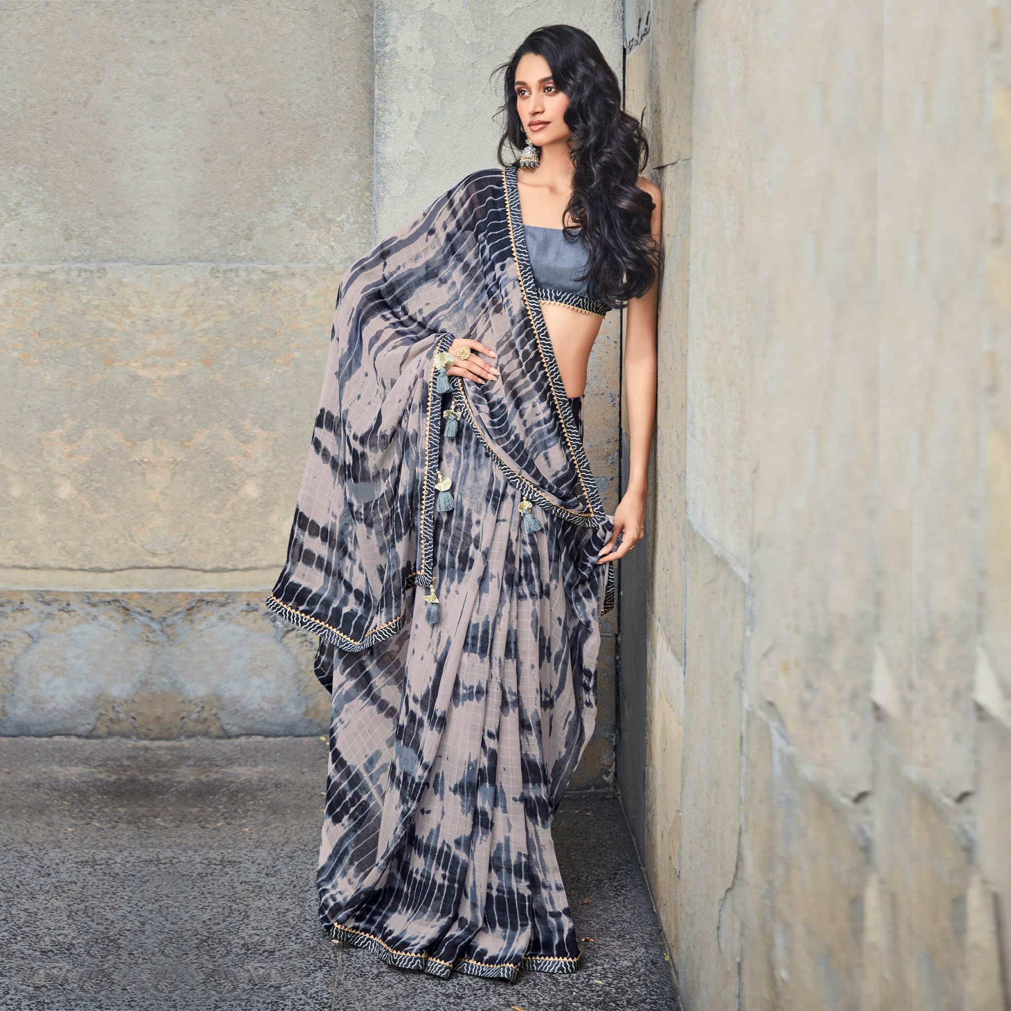 Peachmode Grey Printed With Gota Patti Border Georgette Saree