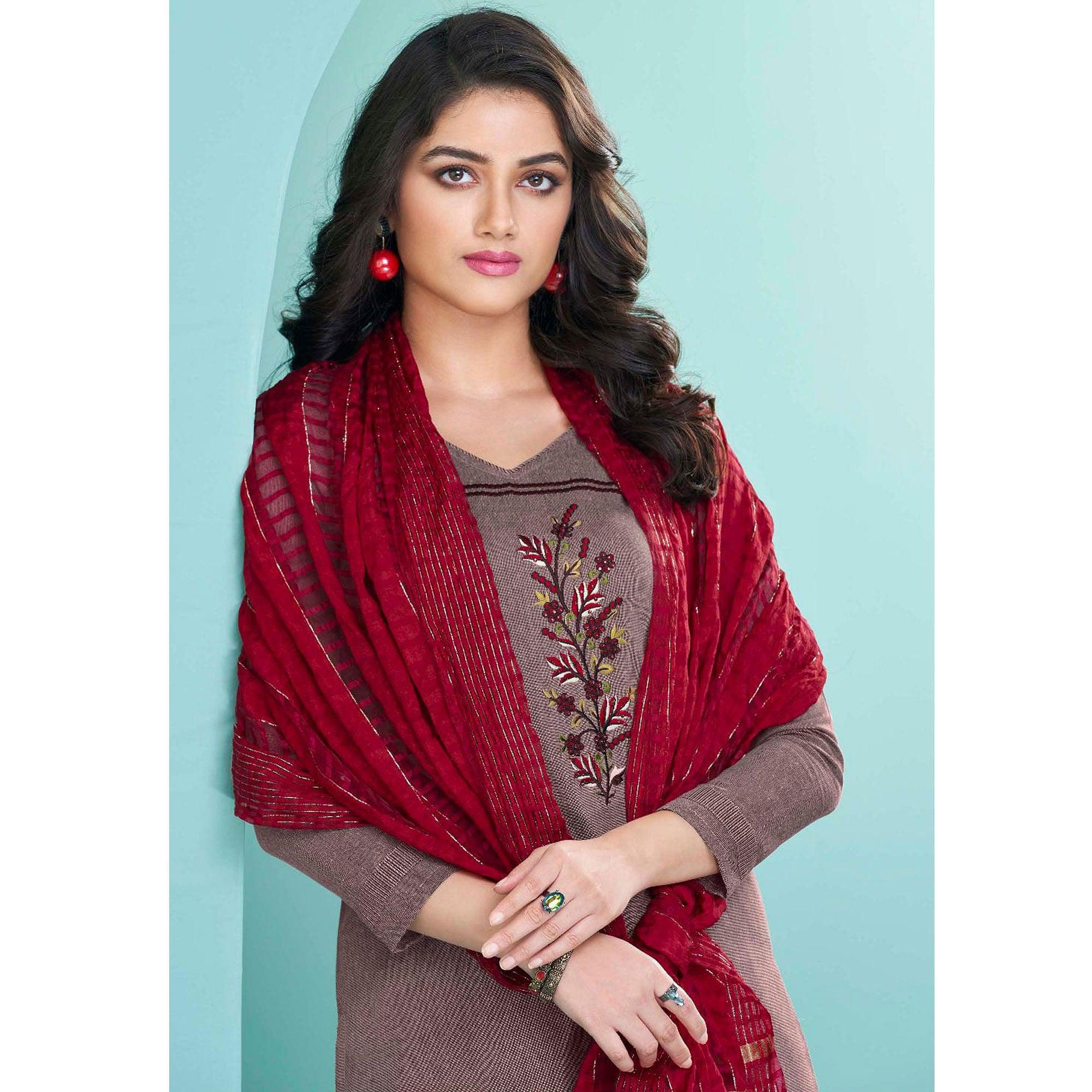 Peachmode Seller Mauve Embroidered Cotton Kurti Pant Set With Dupatta - view 4
