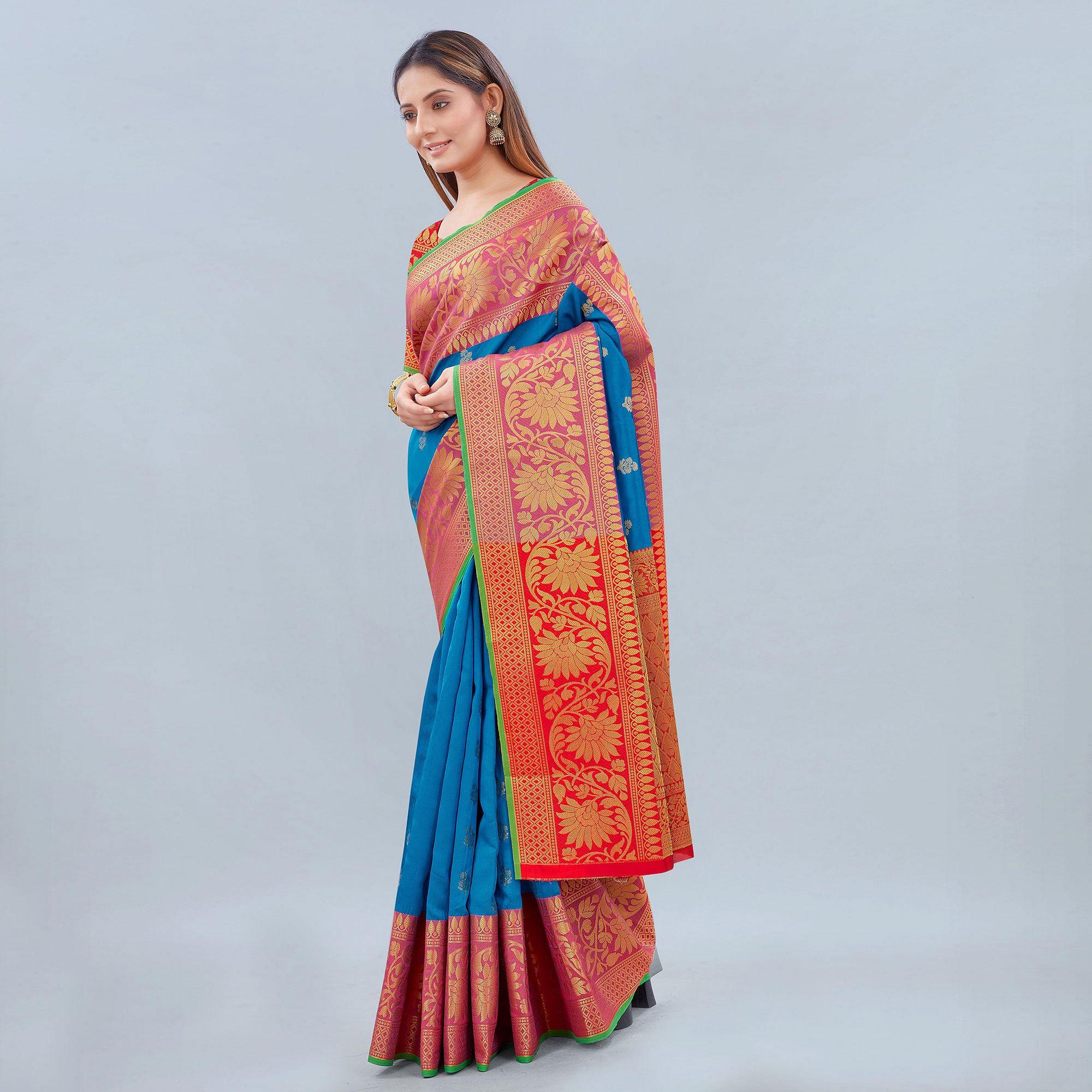 Peachmode Blue Woven Banarasi Silk Saree – Women's - view 2