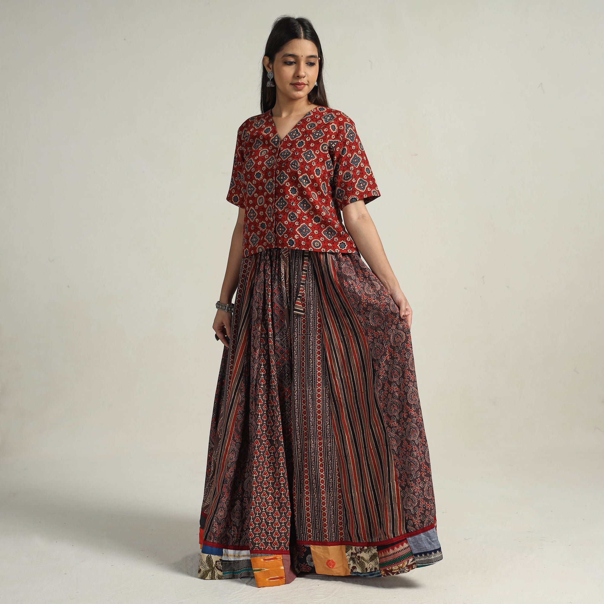 NOORI BAZAR Brown - Kutch Block Printed 24 Kali Cotton Long Skirt 29