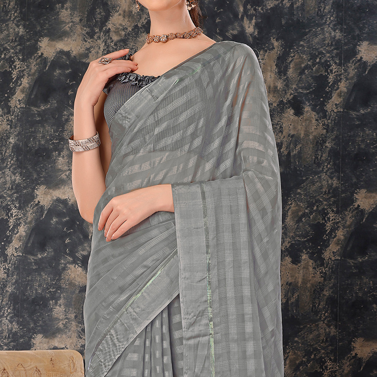 Peachmode Grey Swarovski Work Chiffon Saree With Tassels - view 3
