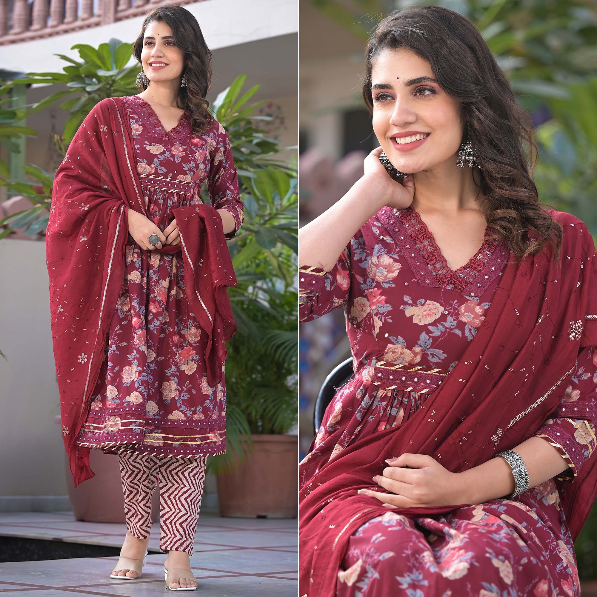Peachmode Maroon Floral Printed Pure Cotton Anarkali Salwar Suit