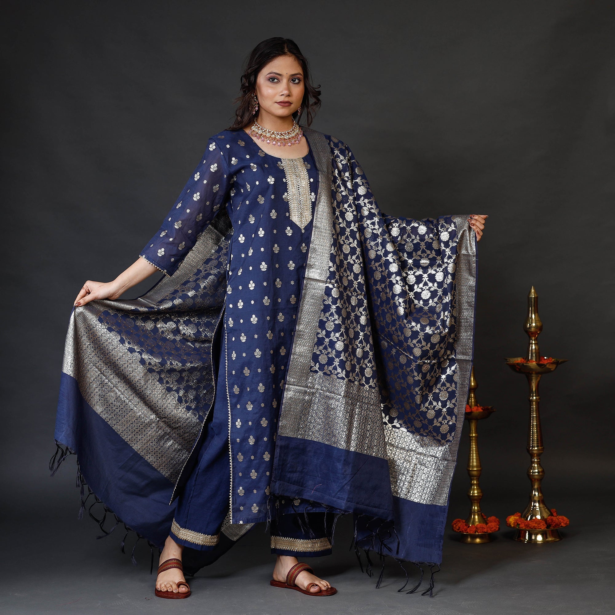 ITOKRI CASUALS Navy Blue Banarasi Silk Zari Work Kurta with Palazzo & Dupatta Set - view 3