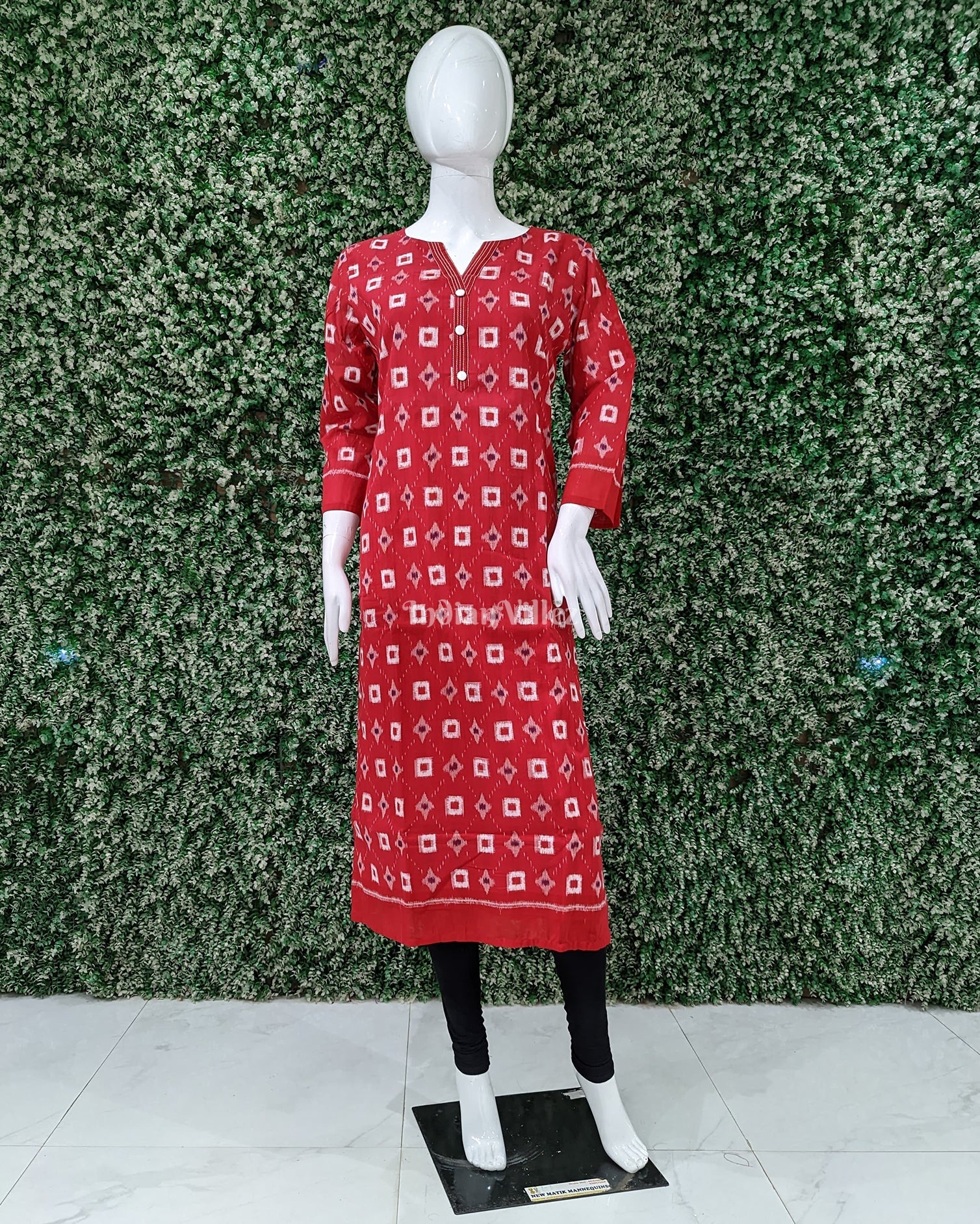 IndianVillèz Red Sambalpuri Box design Odisha Ikat Designer Cotton Kurti for Women