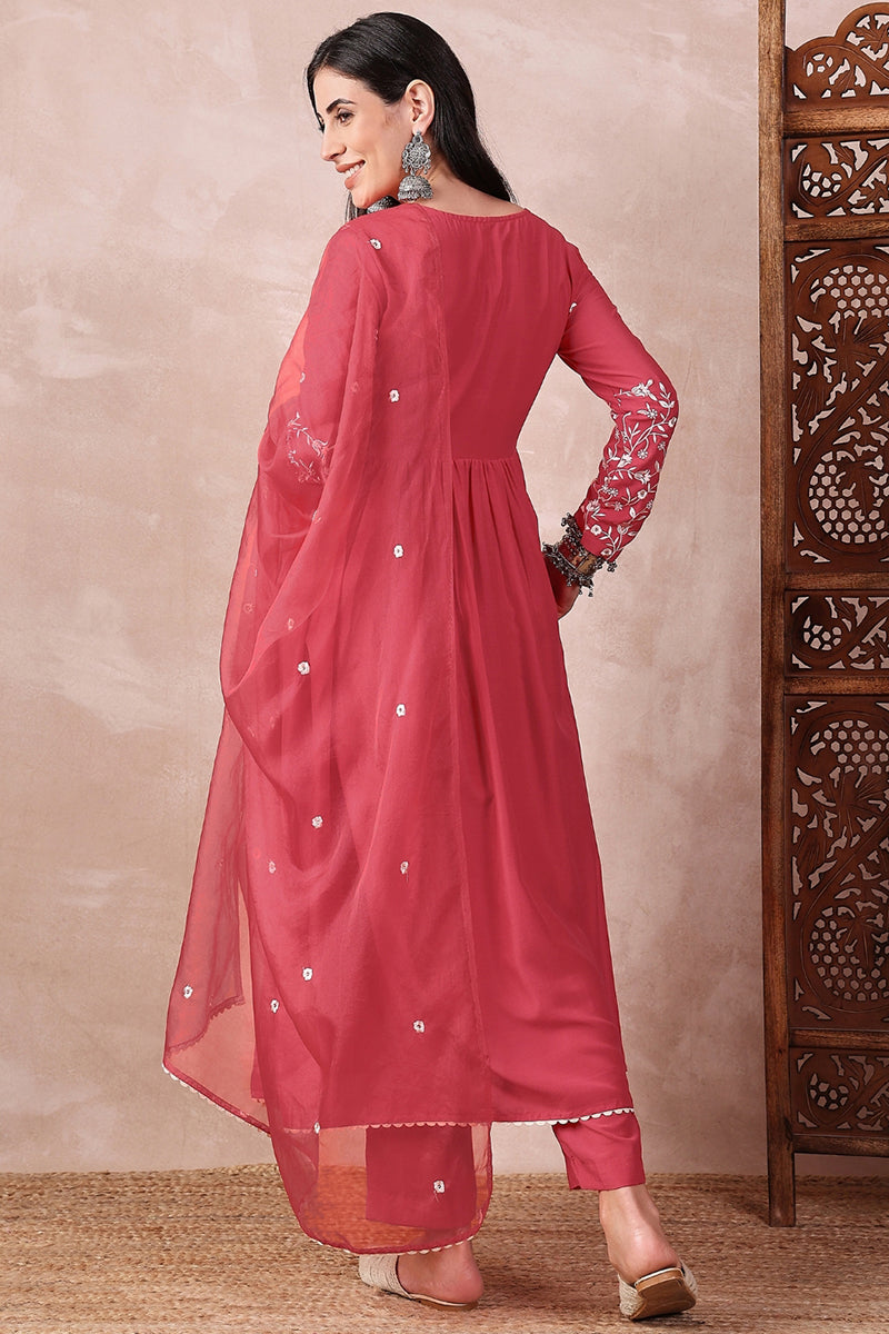 Ahika Red Cotton Blend Solid Embroidered A-Line Trouser Bottom Suit Set PKSKD2375 - view 3