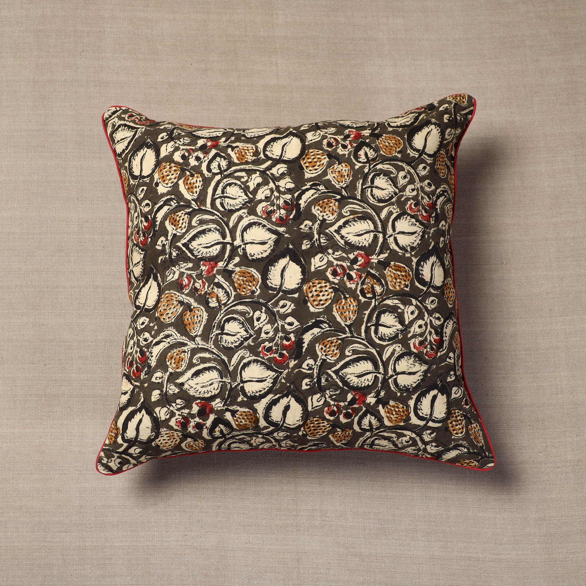 NOORI BAZAR Brown - Block Print Cotton Kalamkari Cushion Cover (16 x 16 in)