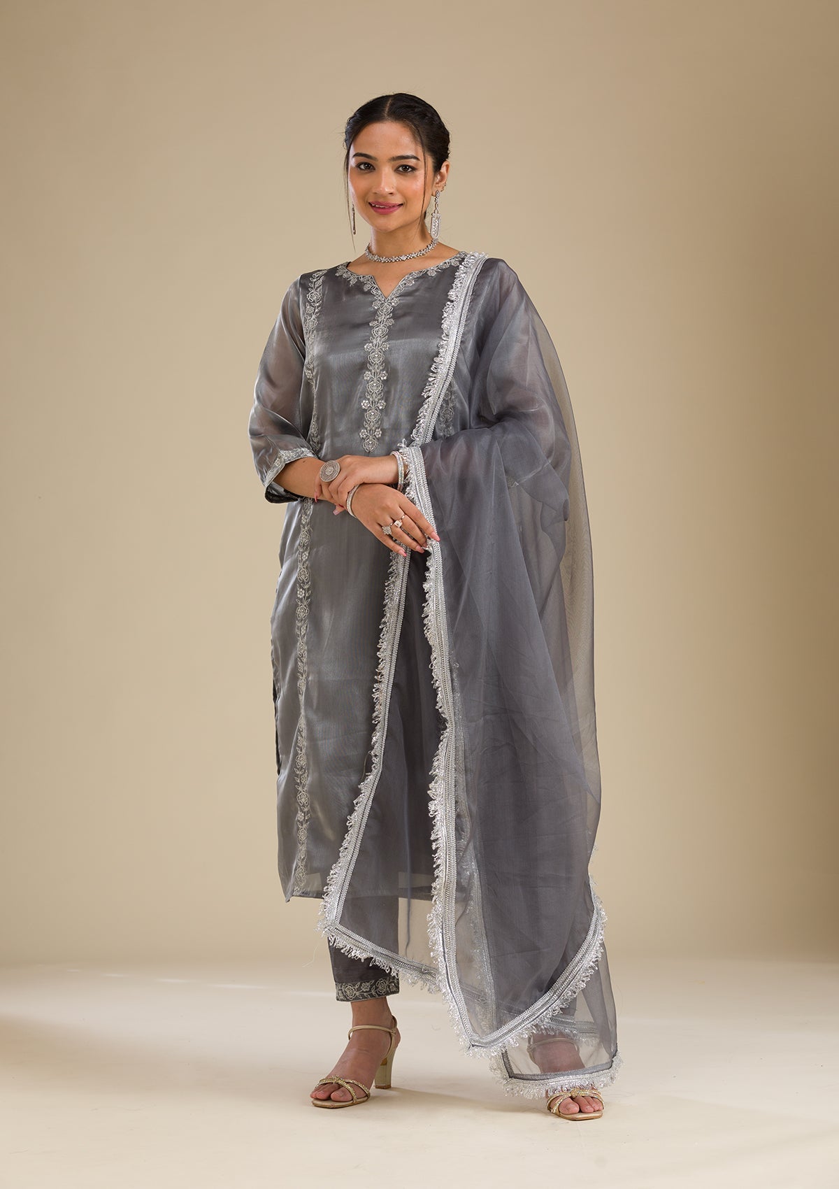 Koskii Grey Zariwork Crepe Readymade Salwar Suit