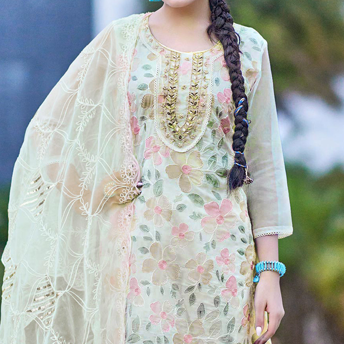 Peachmode Seller Cream Printed With Handwork Organza Salwar Suit - view 2