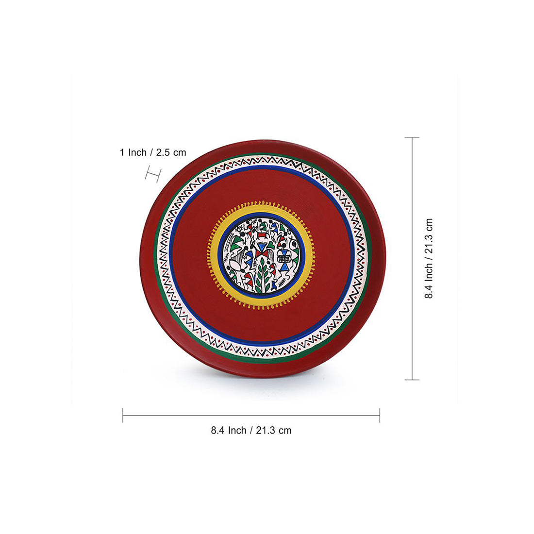 EXCLUSIVELANE 'The Warli Tales' Hand Painted Terracotta Wall Plates Wall Décor (8 inch, Set of 2, Red) - view 6