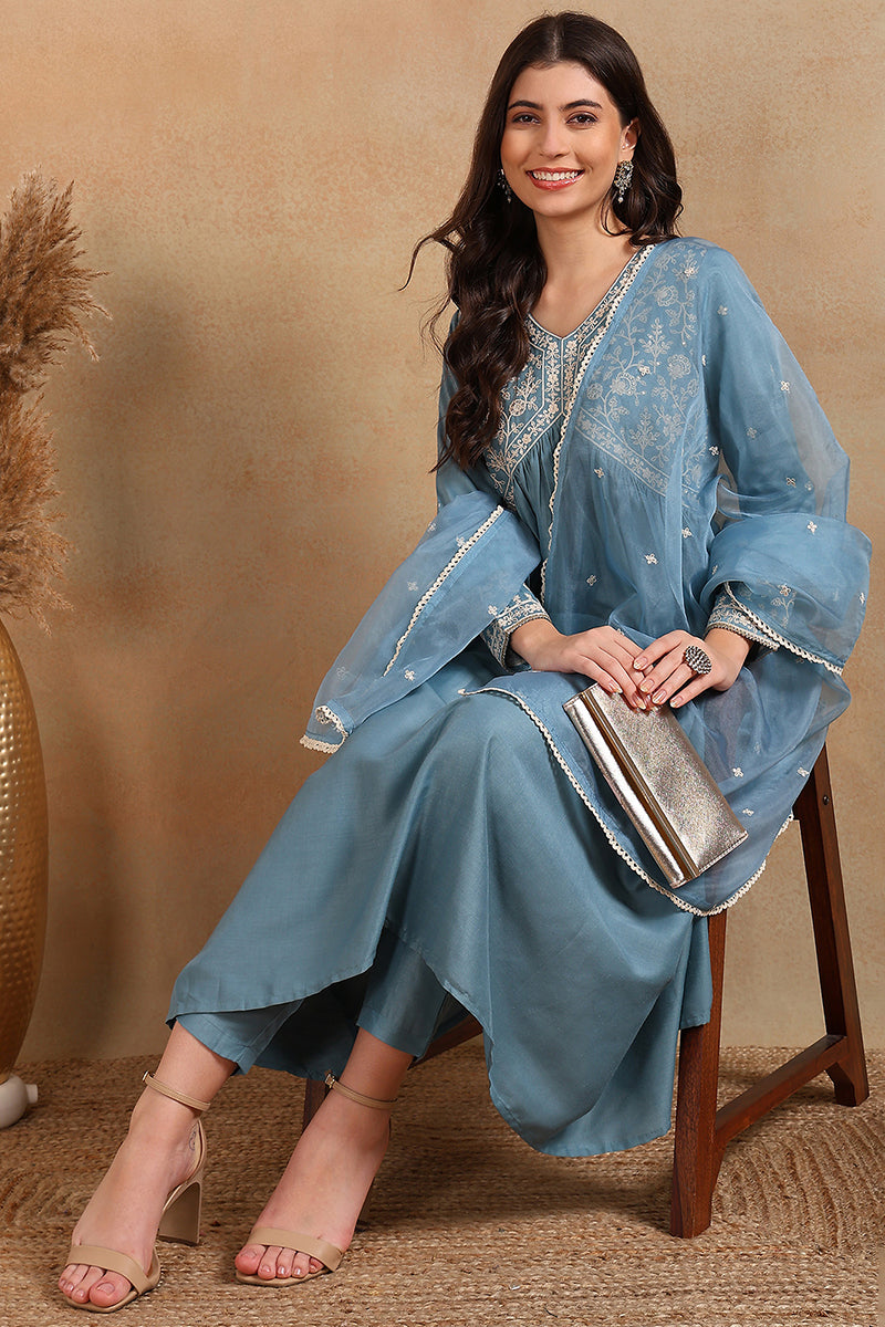 Ahika Blue Silk Blend Solid Embroidered Anarkali Suit Set PKSKD2013 - view 2