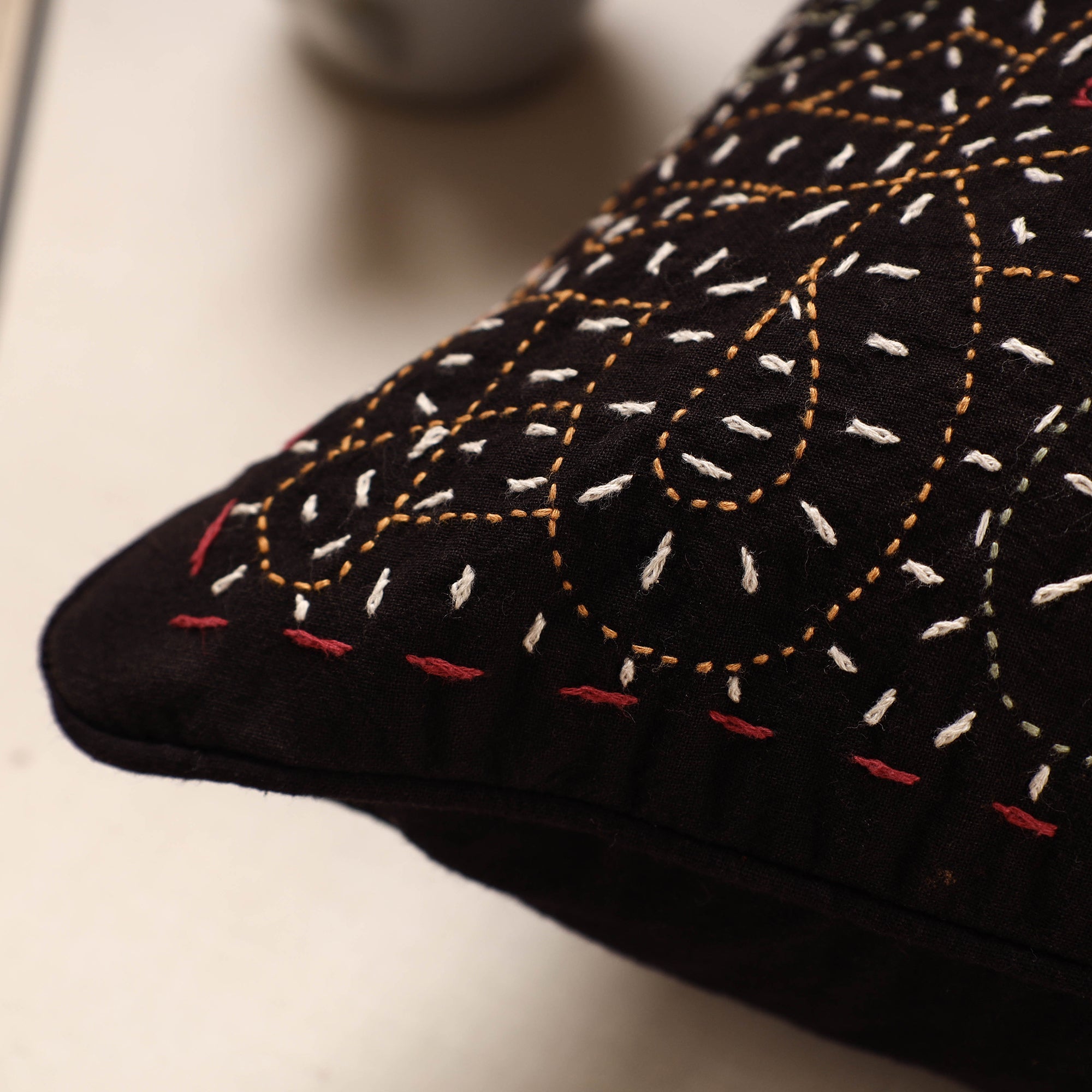 Black - Kala Raksha Rabari Bakhiya Hand Embroidered Pure Cotton Cushion Cover (16 x 16 in) - view 2