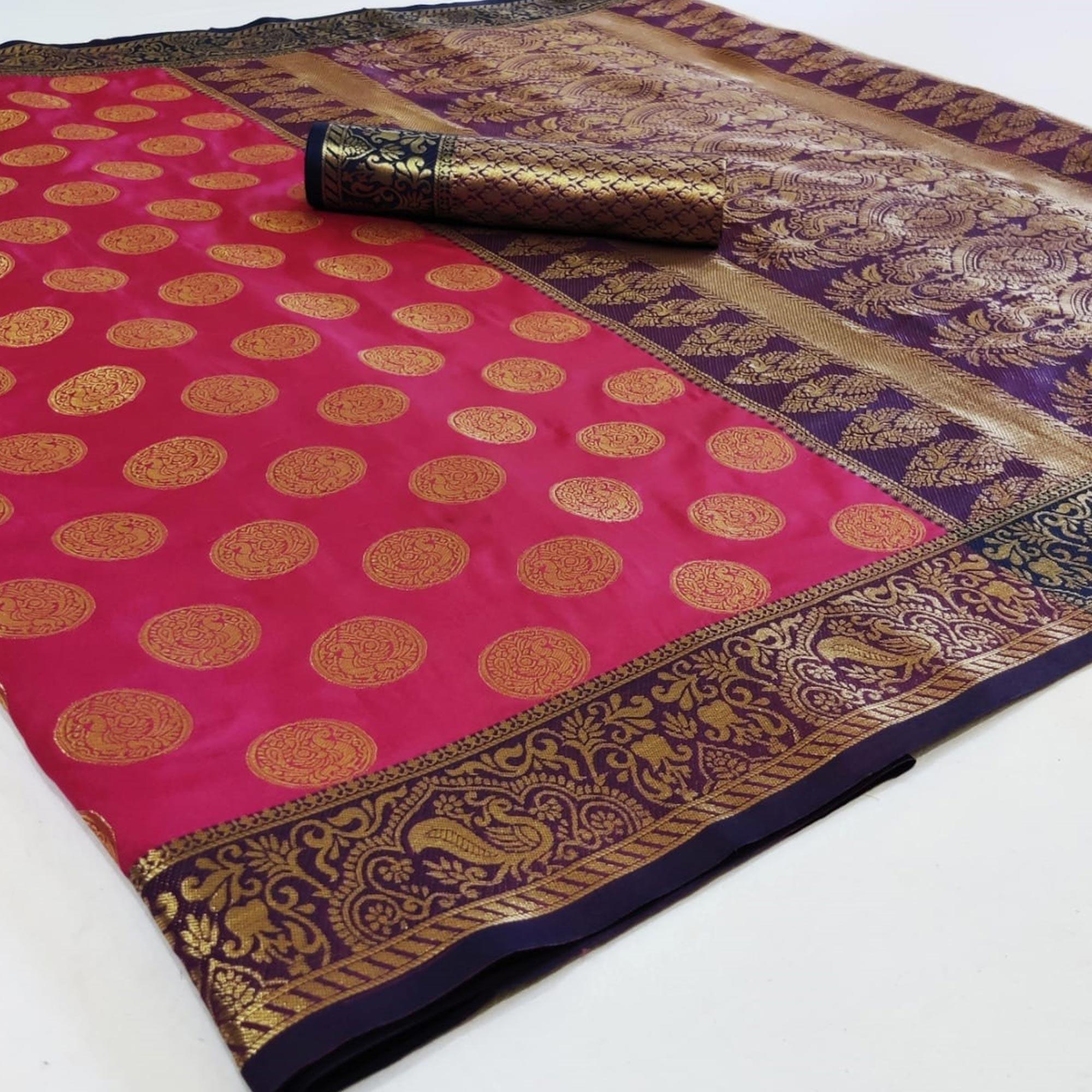 Peachmode Energetic Pink Colored Festive Wear Woven Heavy Silk Saree
