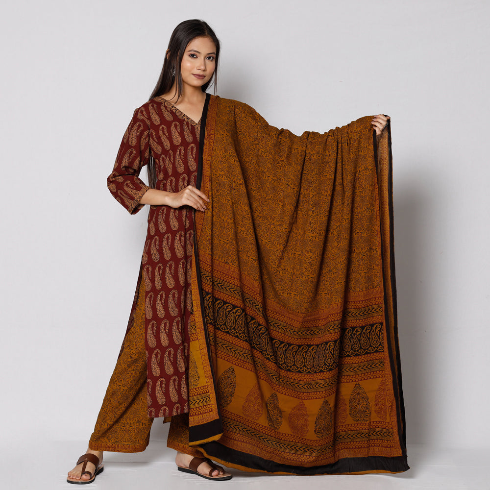 ITOKRI CASUALS Brown - Bagh Block Printing Cotton Kurta with Palazzo & Dupatta Set - view 2