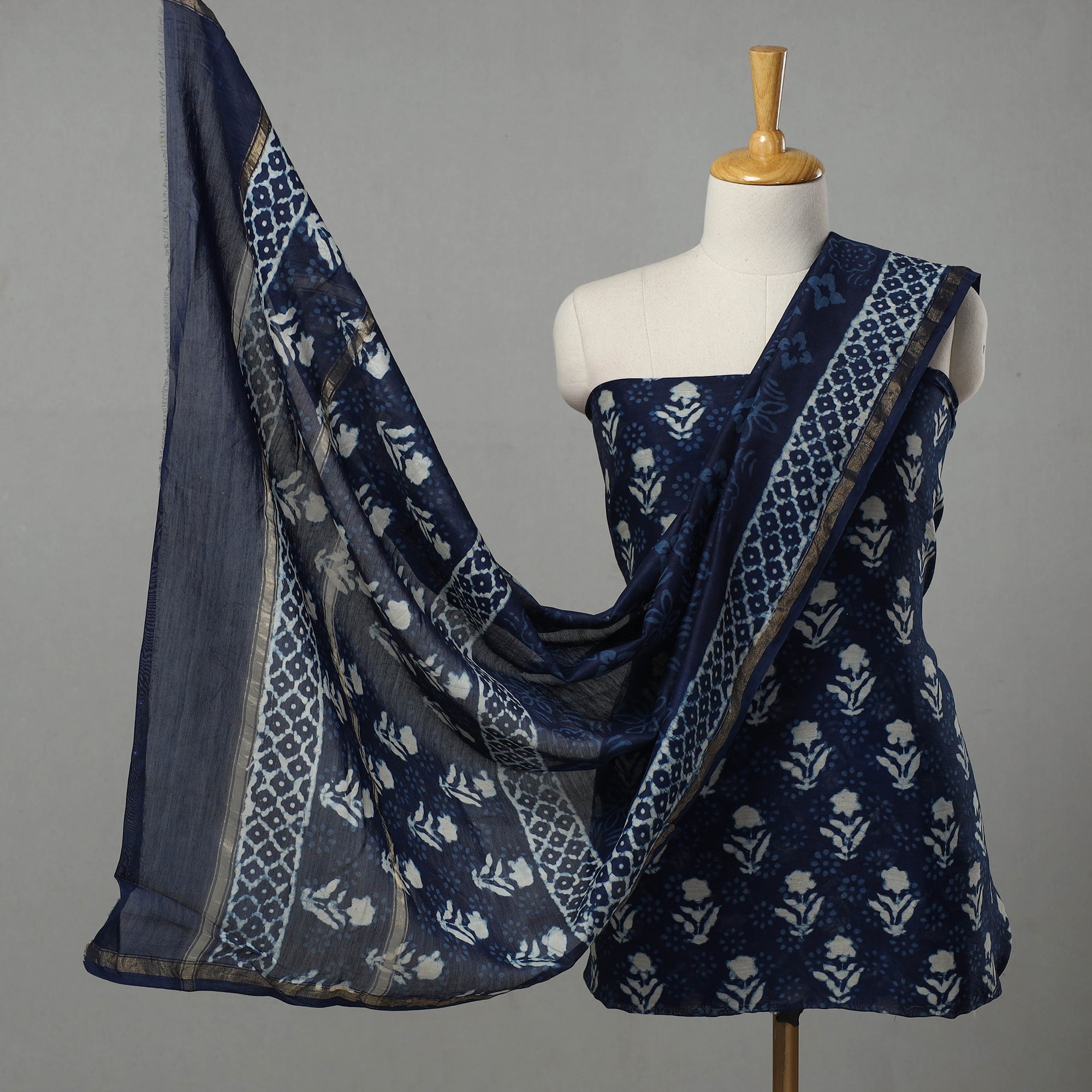 ARTISAN HAND BLOCK PRINTS Blue - 3pc Chanderi Silk Indigo Bagru Print Dress Material 08