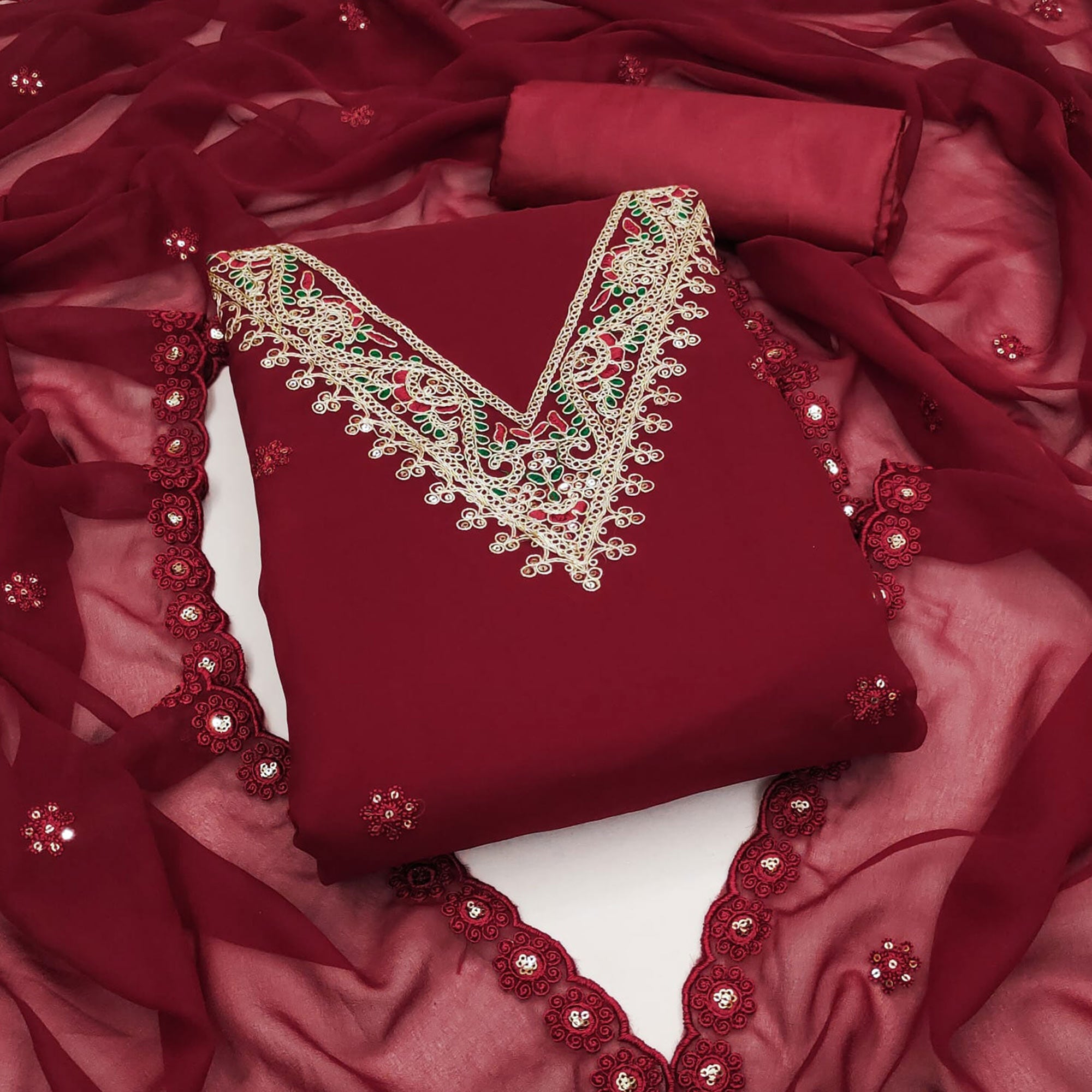 Peachmode Maroon Sequins Embroidered Georgette Dress Material