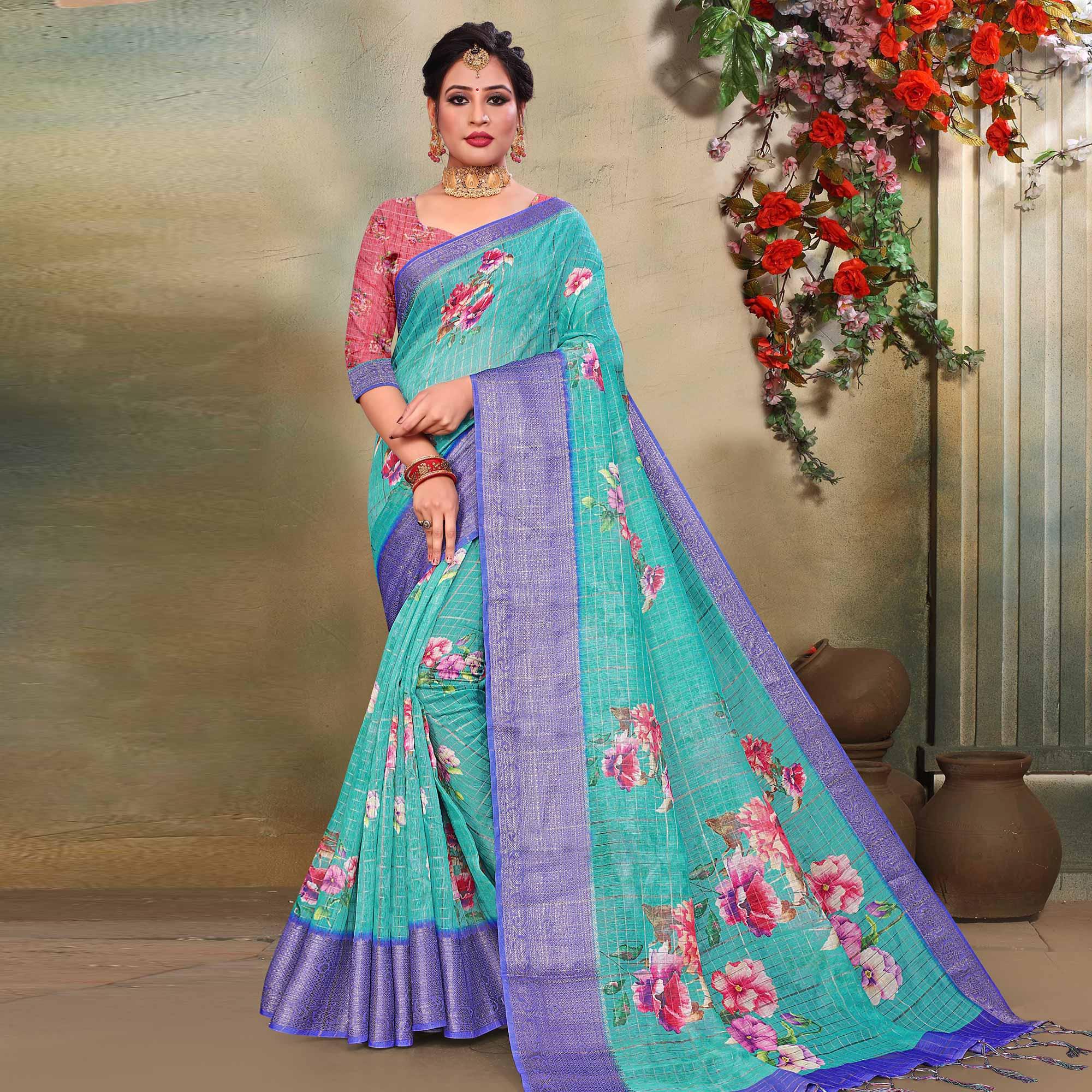 Peachmode Lovely Blue Colored Festive Wear Digital Printed Linen Saree
