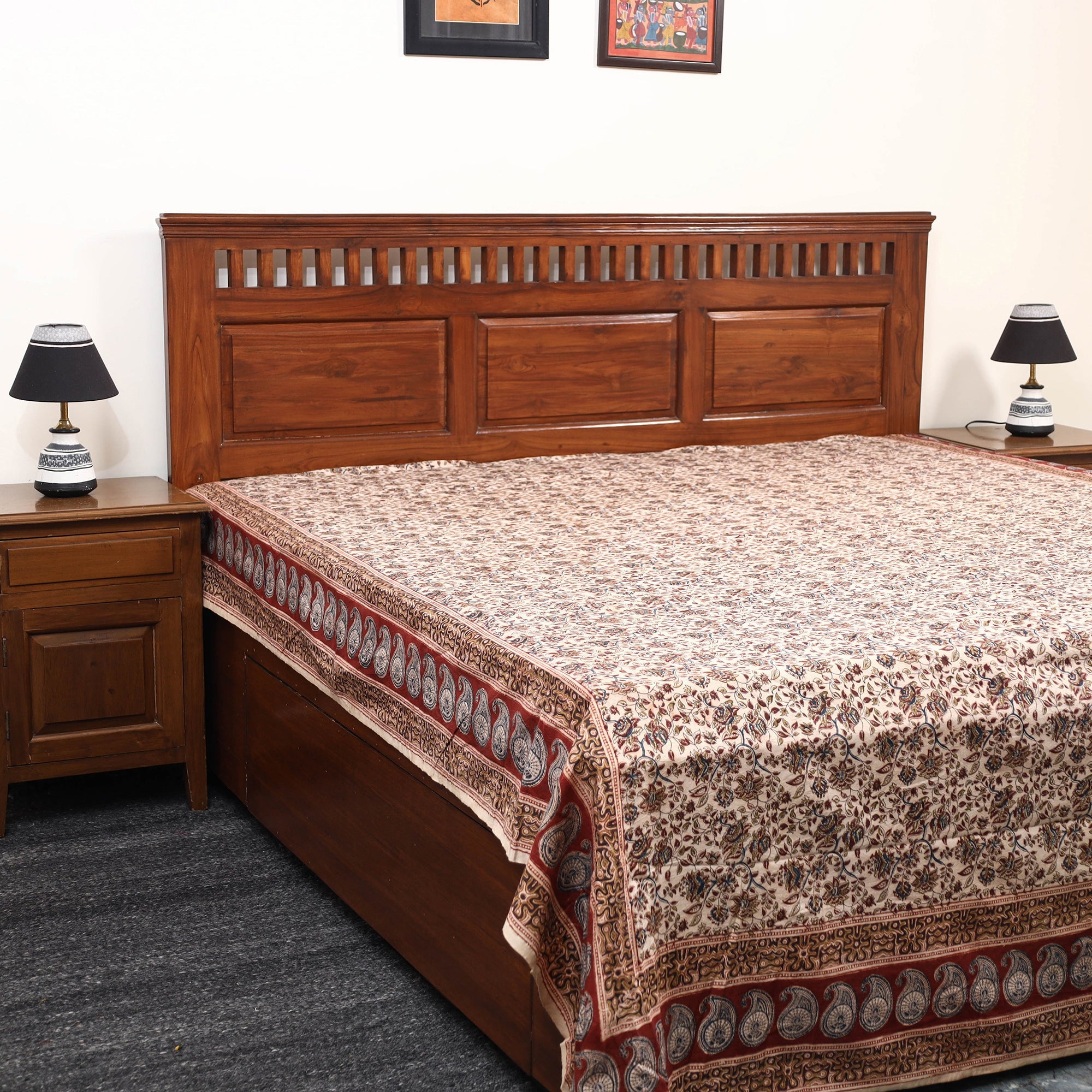 PITCHUKA SRINIVAS KALAMKARI PEDANA Beige - Pedana Kalamkari Block Printed Cotton Double Bed Cover (111 x 91 in) 12