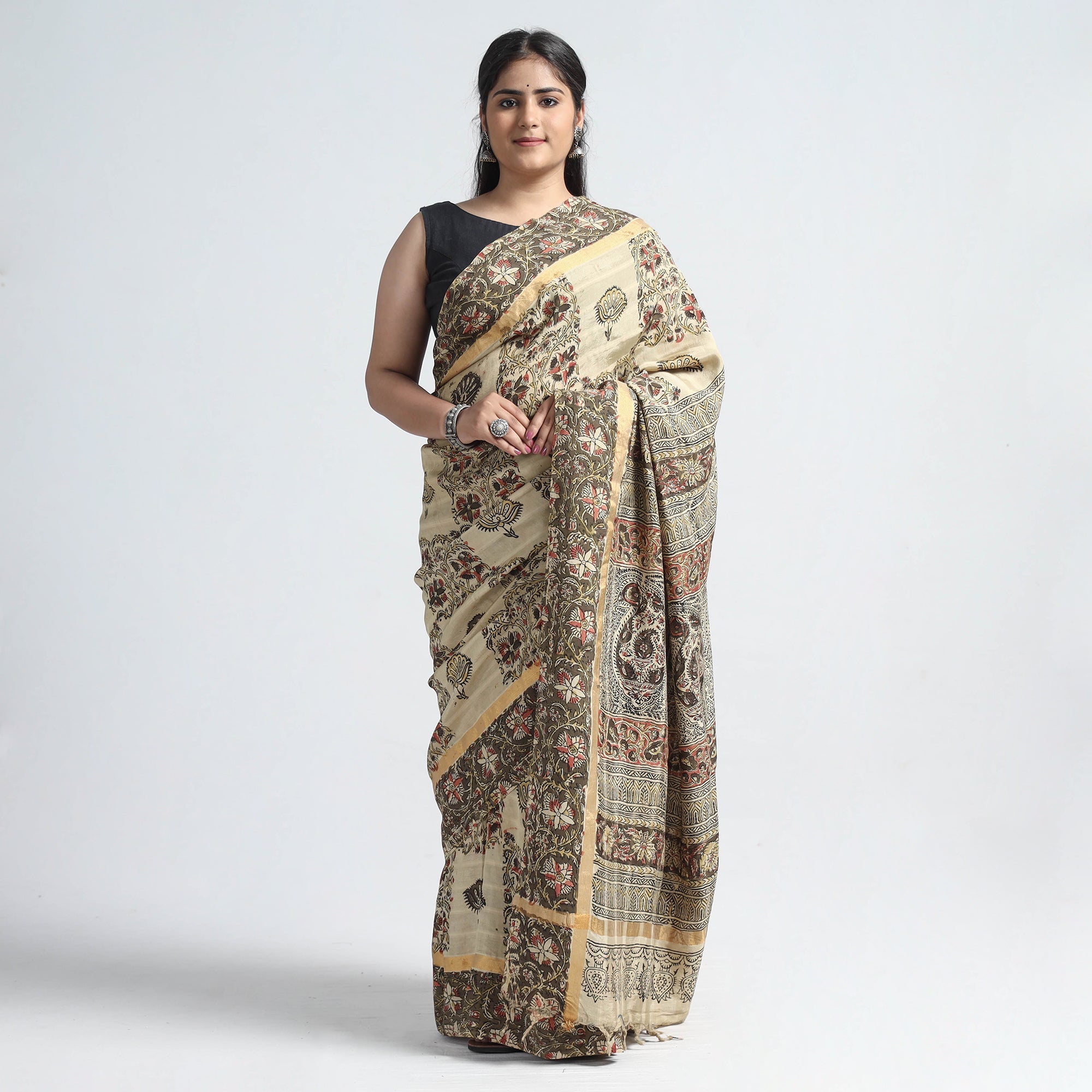 SOUTH KARGHA Beige - Kalamkari Printed Silk Cotton Saree with Zari Border
