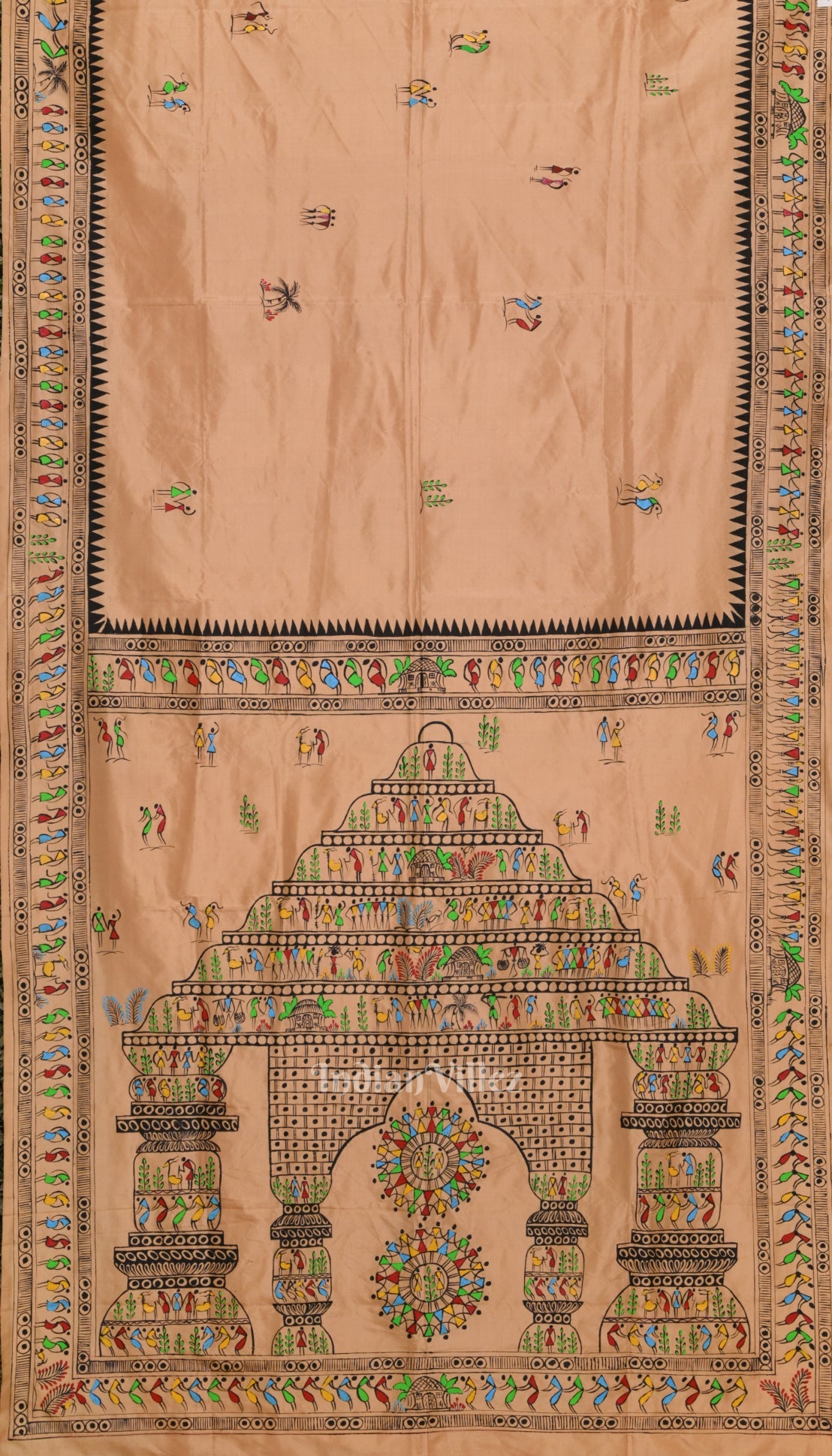 IndianVillèz Beige Konark Temple Theme Pattachitra Silk Saree