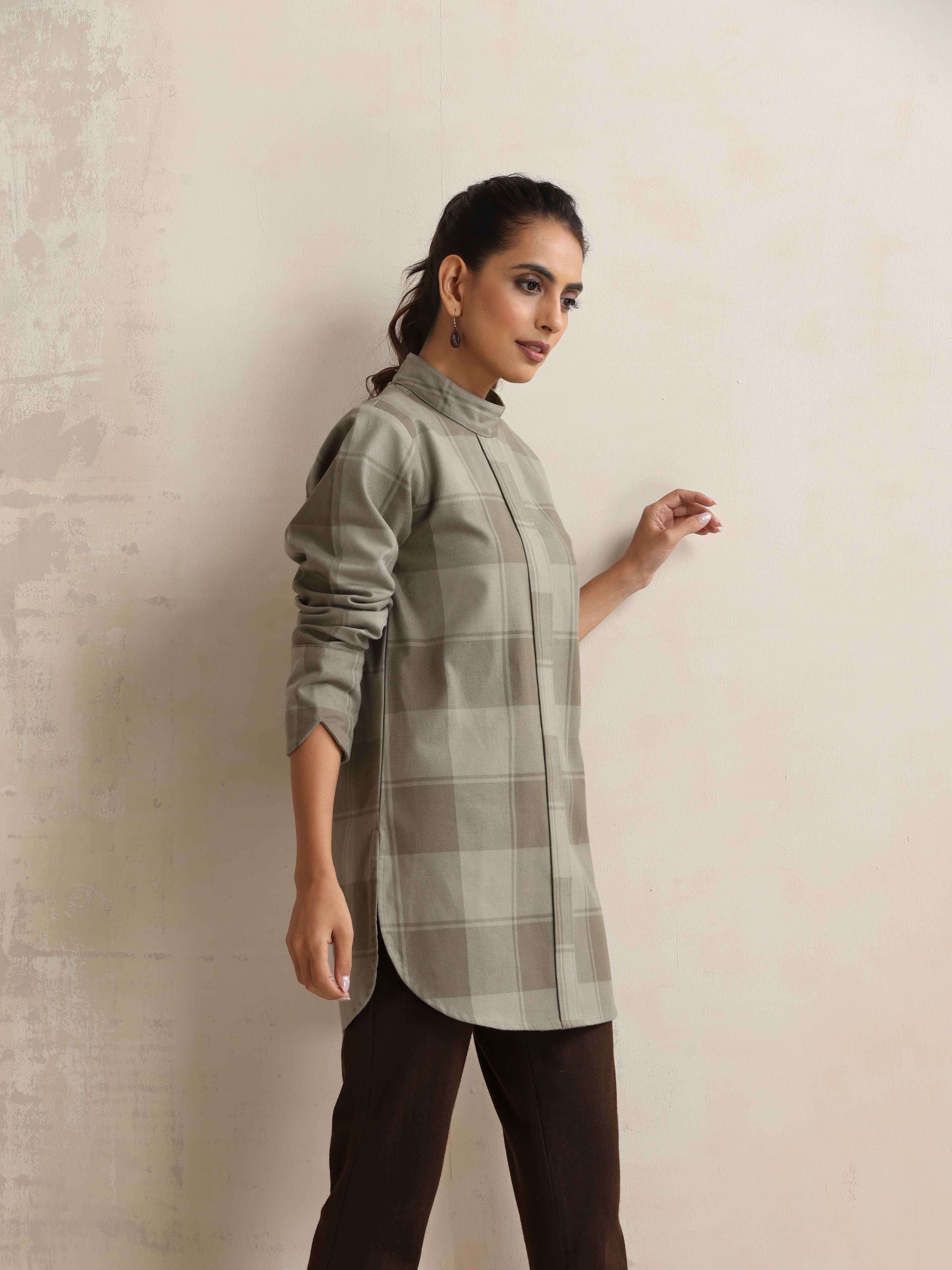 trueBrowns Green Check High Neck Short Kurta - view 3