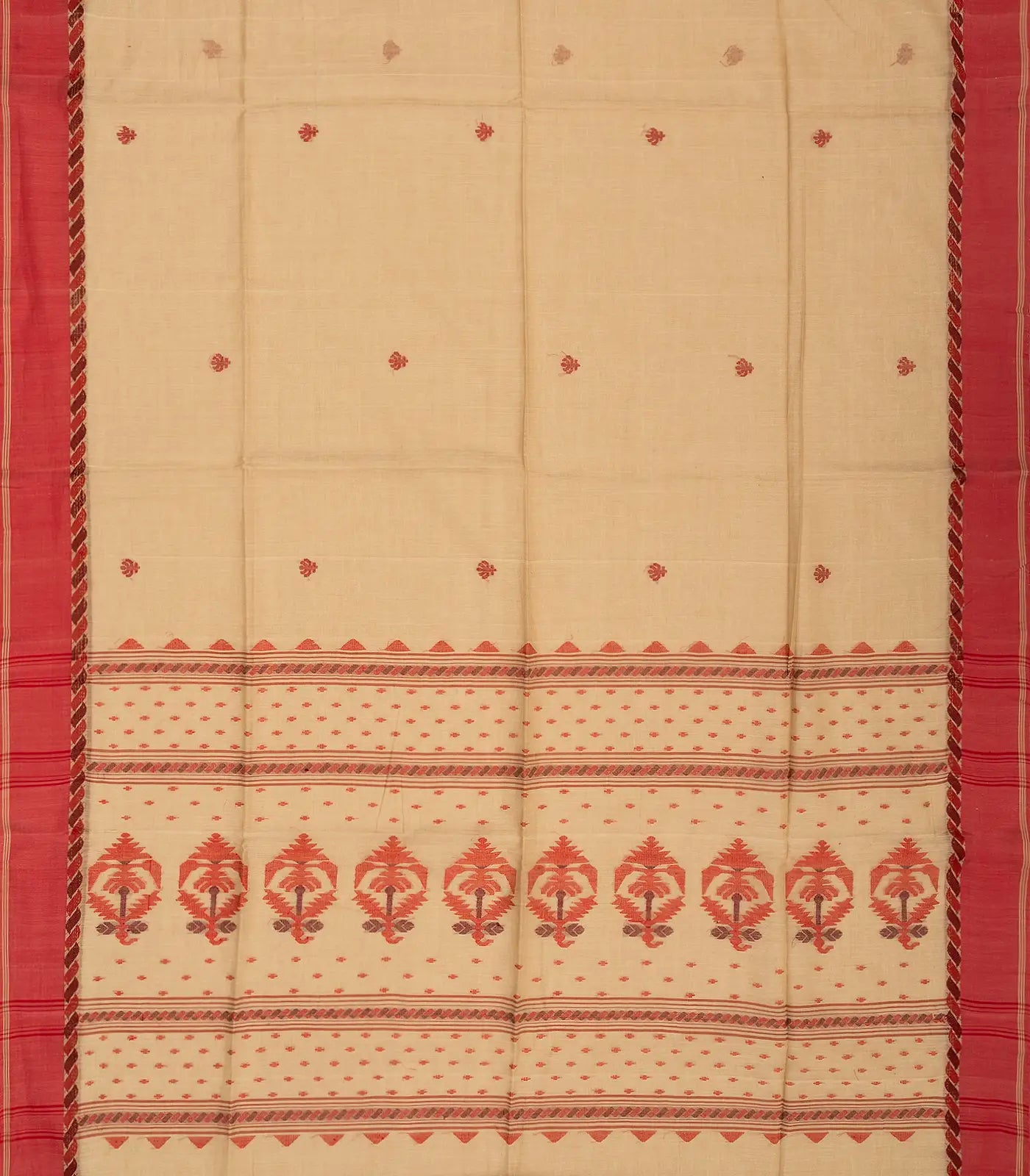 RmKV Beige Handloom Bengal Cotton Saree With Red Border - view 2