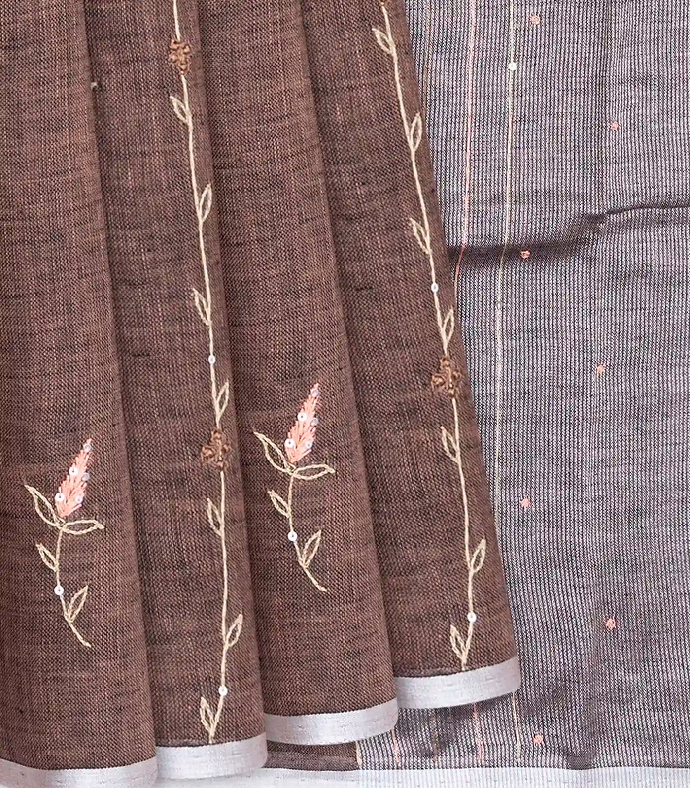 RmKV Brown Handloom Linen Saree With Floral Vine Embroidery-Brown