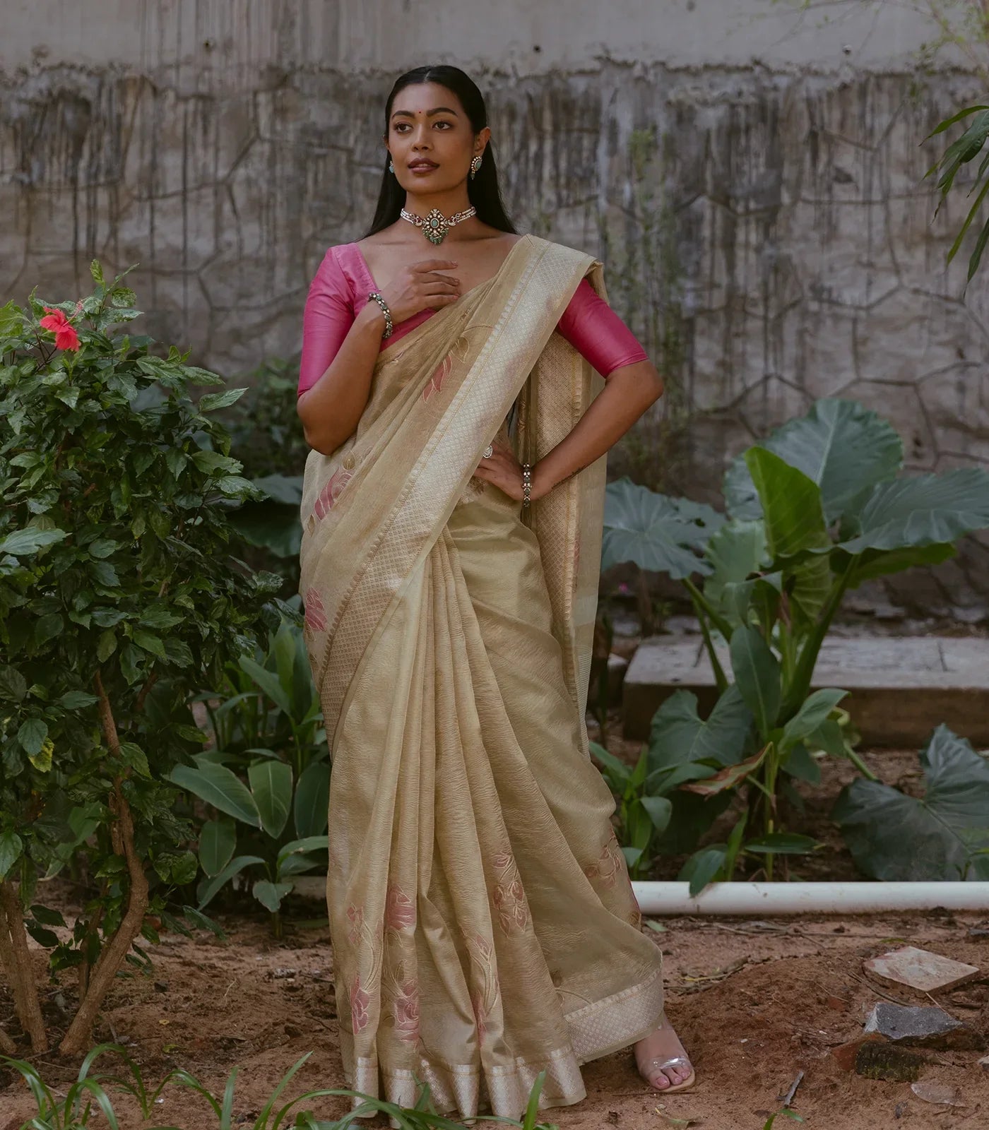 RmKV Gold Banarasi Crushed Tissue Saree With Hand painted Floral Motifs