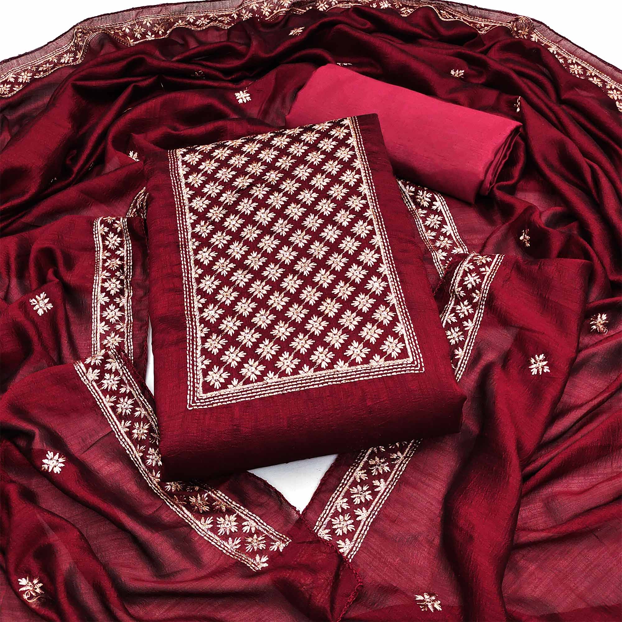 Peachmode Maroon Embroidered Modal Dress Material