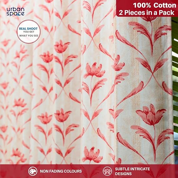 Urban Space -Home Furnishing Store 100% Cotton Curtains for Living Room, Bedroom curtains - Pack of 2 curtains, Water Lily - Red - view 2