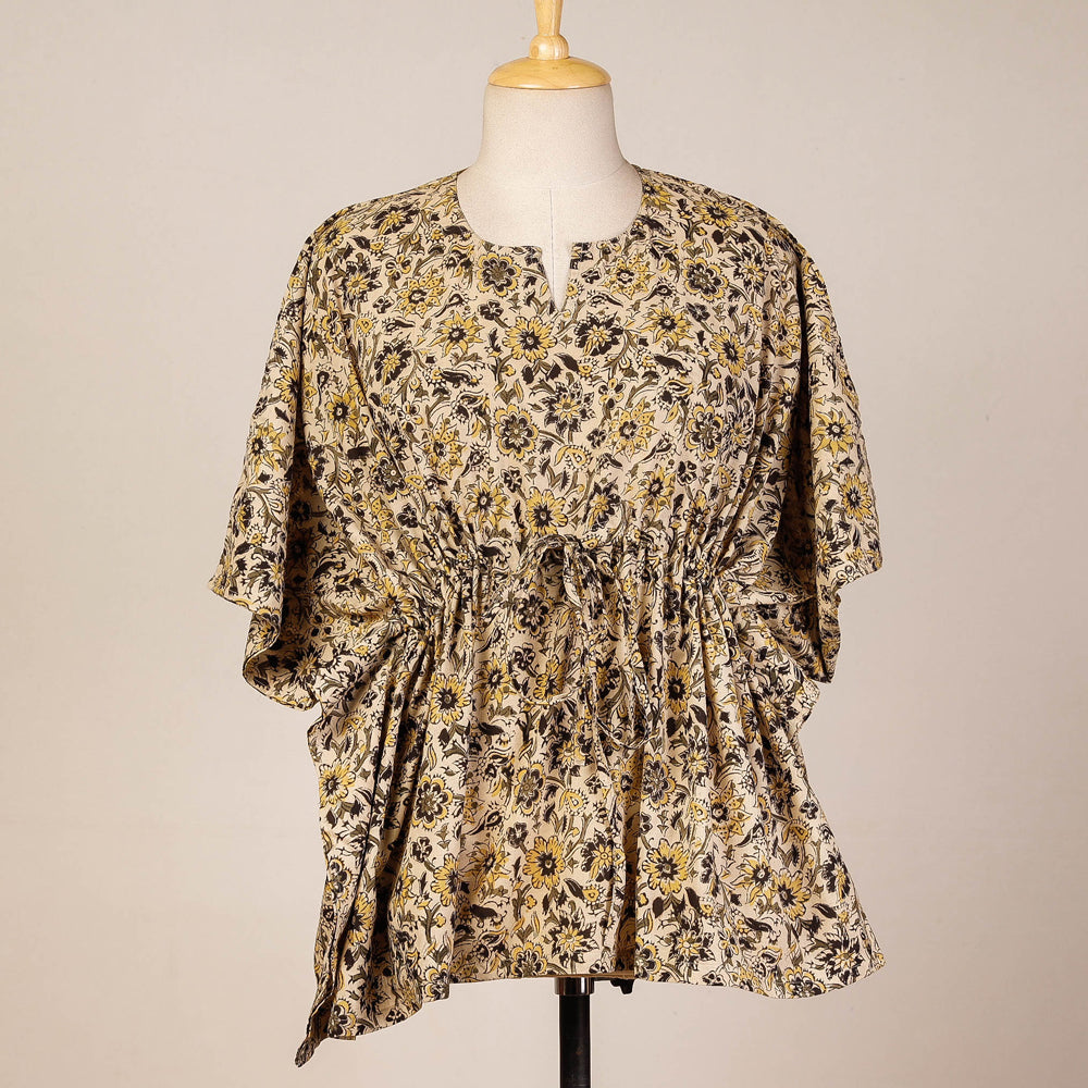 CHUTNEY CRAFT STUDIO Beige - Block Print Cotton Kalamkari Kaftan with Tie-Up Waist (Short)
