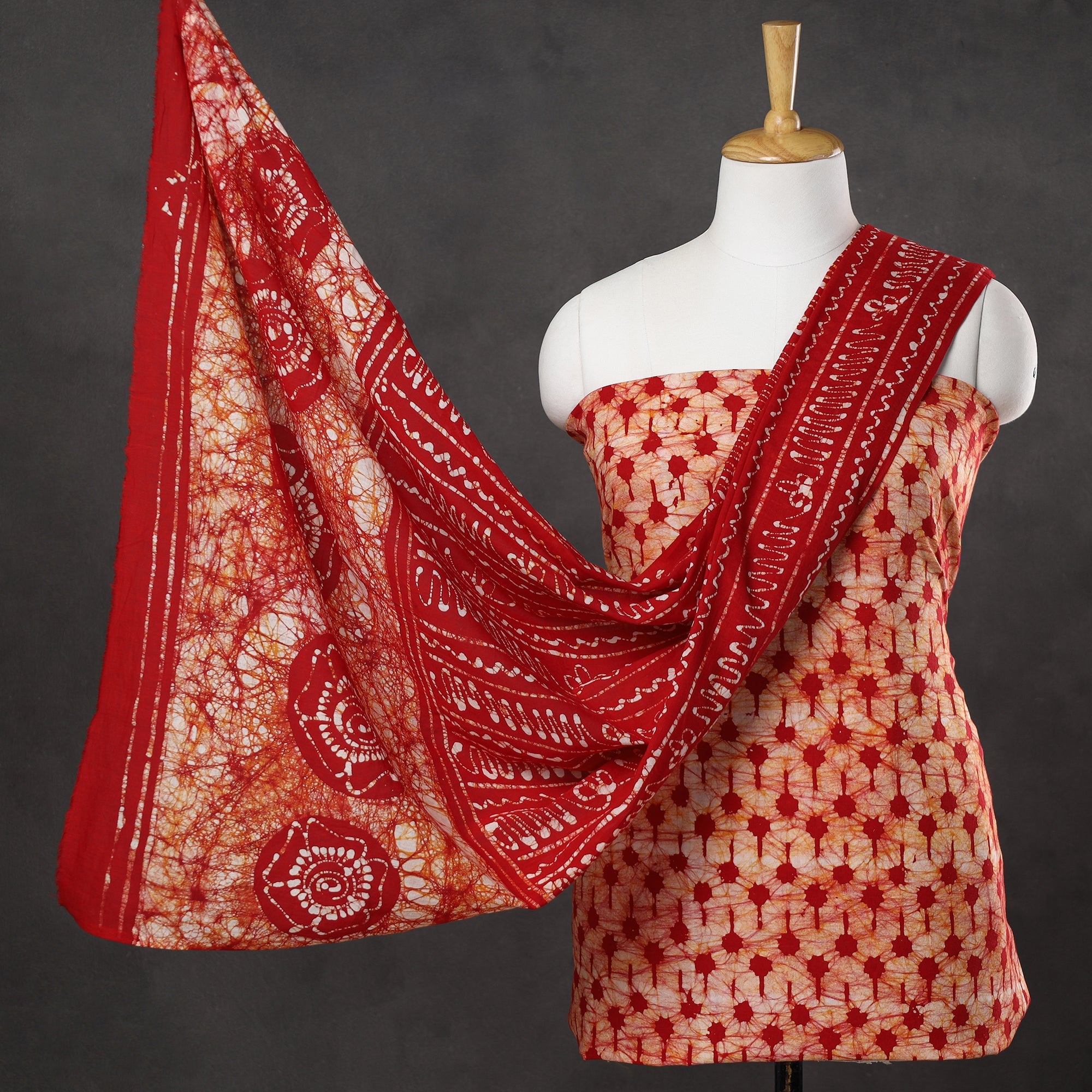 KACHCHH JI CHHAAP Red - 3pc Kutch Batik Printed Cotton Suit Material Set 22