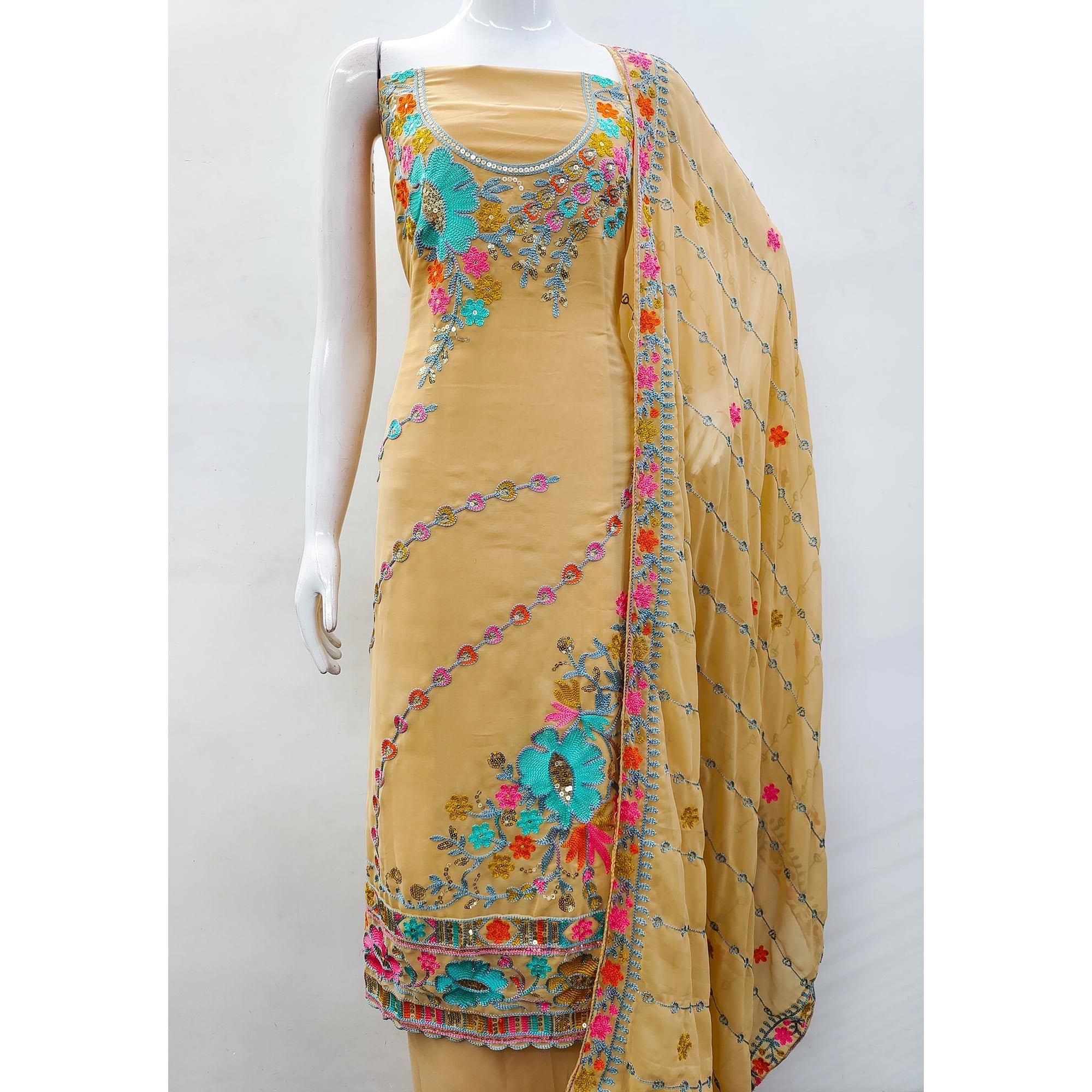 Peachmode Chikoo Floral Sequins Embroidered Georgette Dress Material - view 5