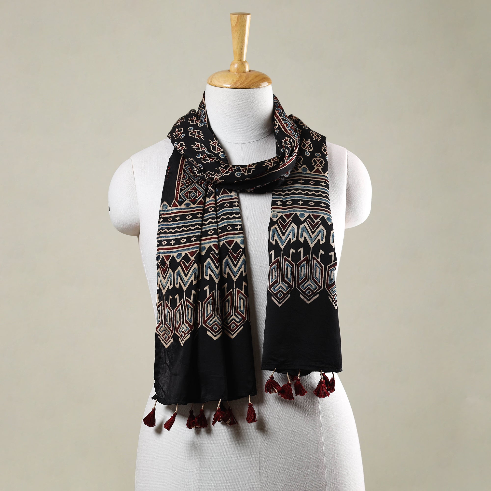 RIYAZ ABDULMAJID KHATRI - AJRAKH Black - Ajrakh Hand Block Printed Modal Silk Stole with Tassels