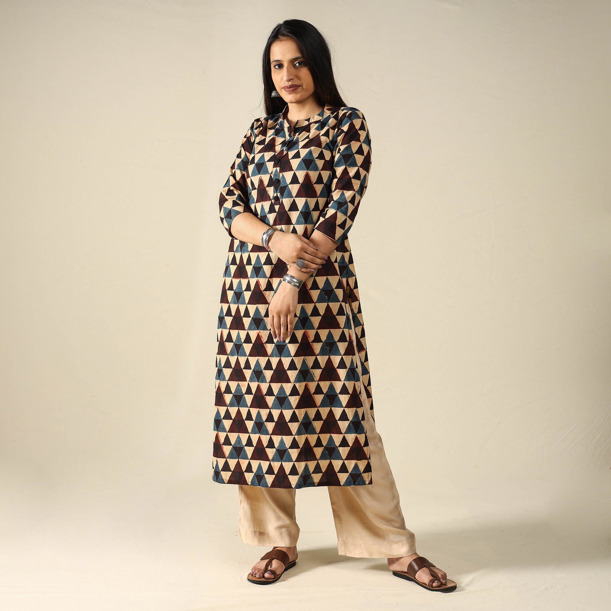 ITOKRI CASUALS Beige - Ajrakh Block Printed Cotton Straight Kurta 17 - view 2