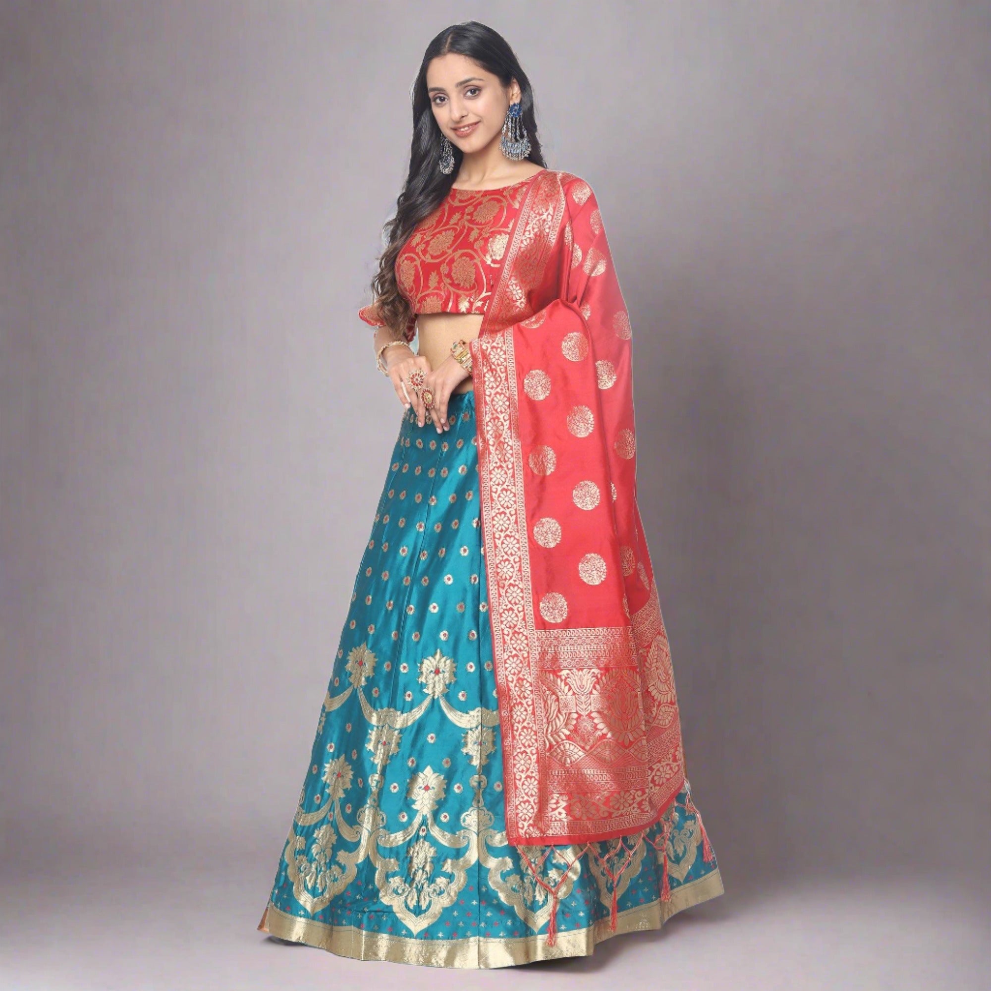 Peachmode Blue-Red Festive Wear Woven Jacquard Lehenga Choli - view 2