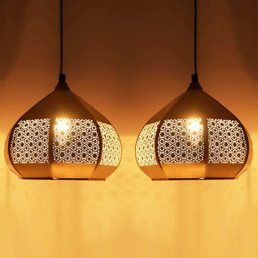 EXCLUSIVELANE Moroccan Paradise Hand-Etched Pendant Lamp In Iron (Set of 2, 8 Inch)