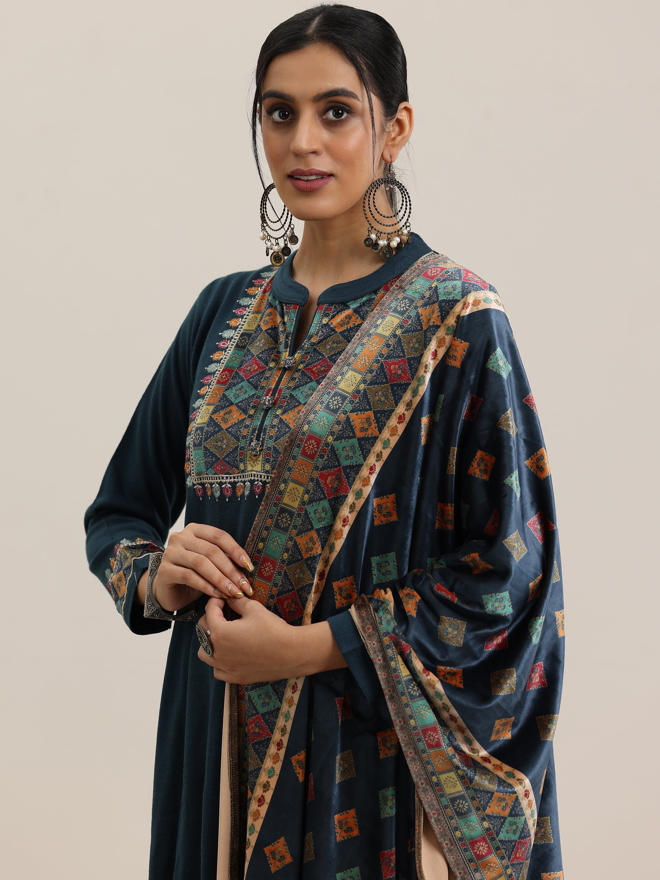Libas Blue Yoke Design Wool Blend Straight Suit With Dupatta - view 8