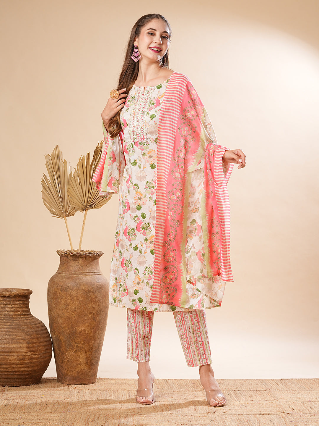 Fashor Floral Printed Sequins & Resham Embrodiered Kurta with Pants & Dupatta - Off White - view 2