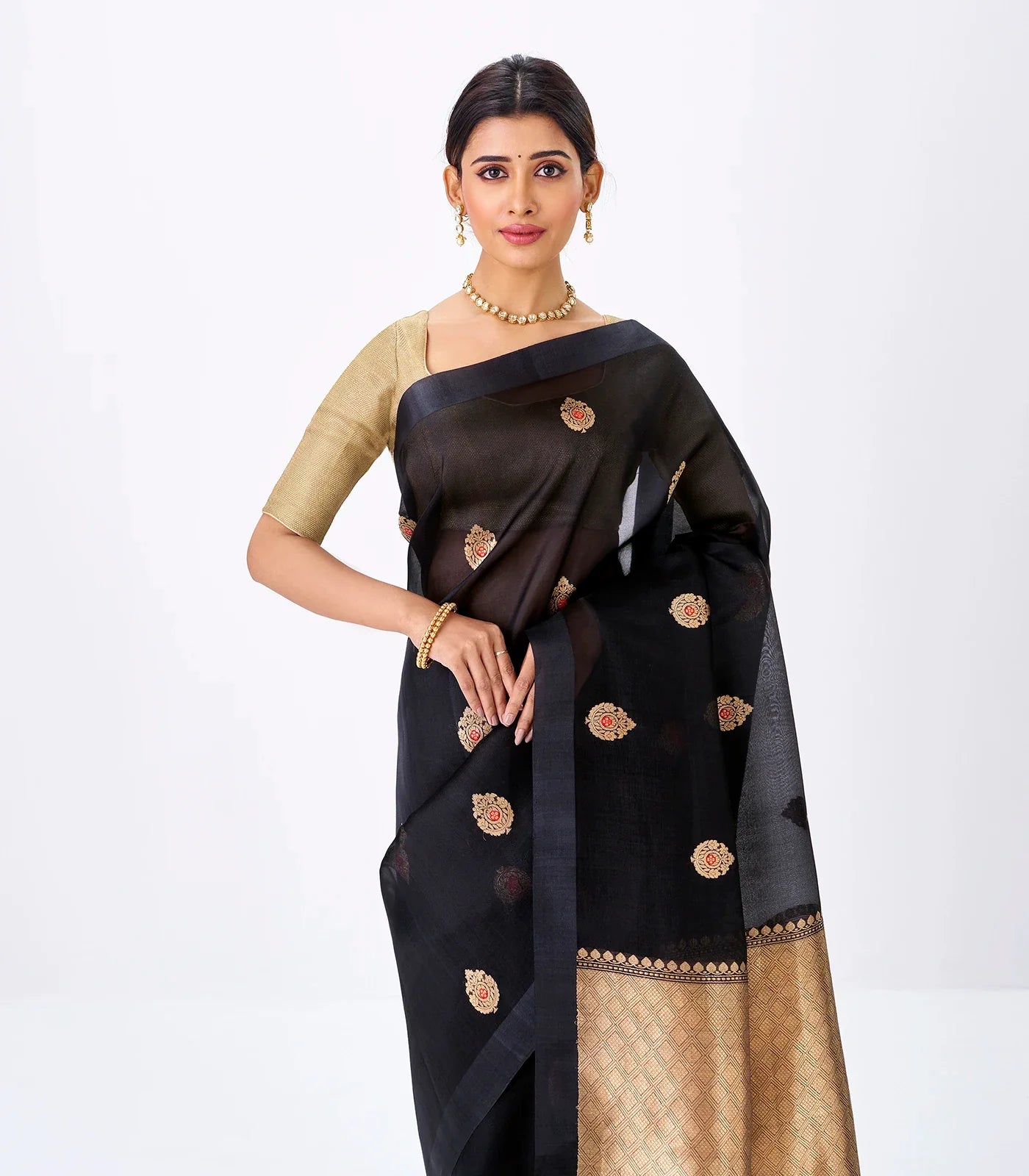 RmKV Midnight Blue Banarasi Organza Silk Saree With Floral Motifs - view 2