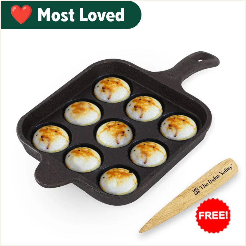Pre-seasoned nonstick 100 – The Indus Valley 9 Pit/Cup CASTrong Cast Iron Paniyaram/Appe pan+ Free Spatula, Square, Long handle, Pre-seasoned, Nonstick, 100% Pure, Toxin-free, 18